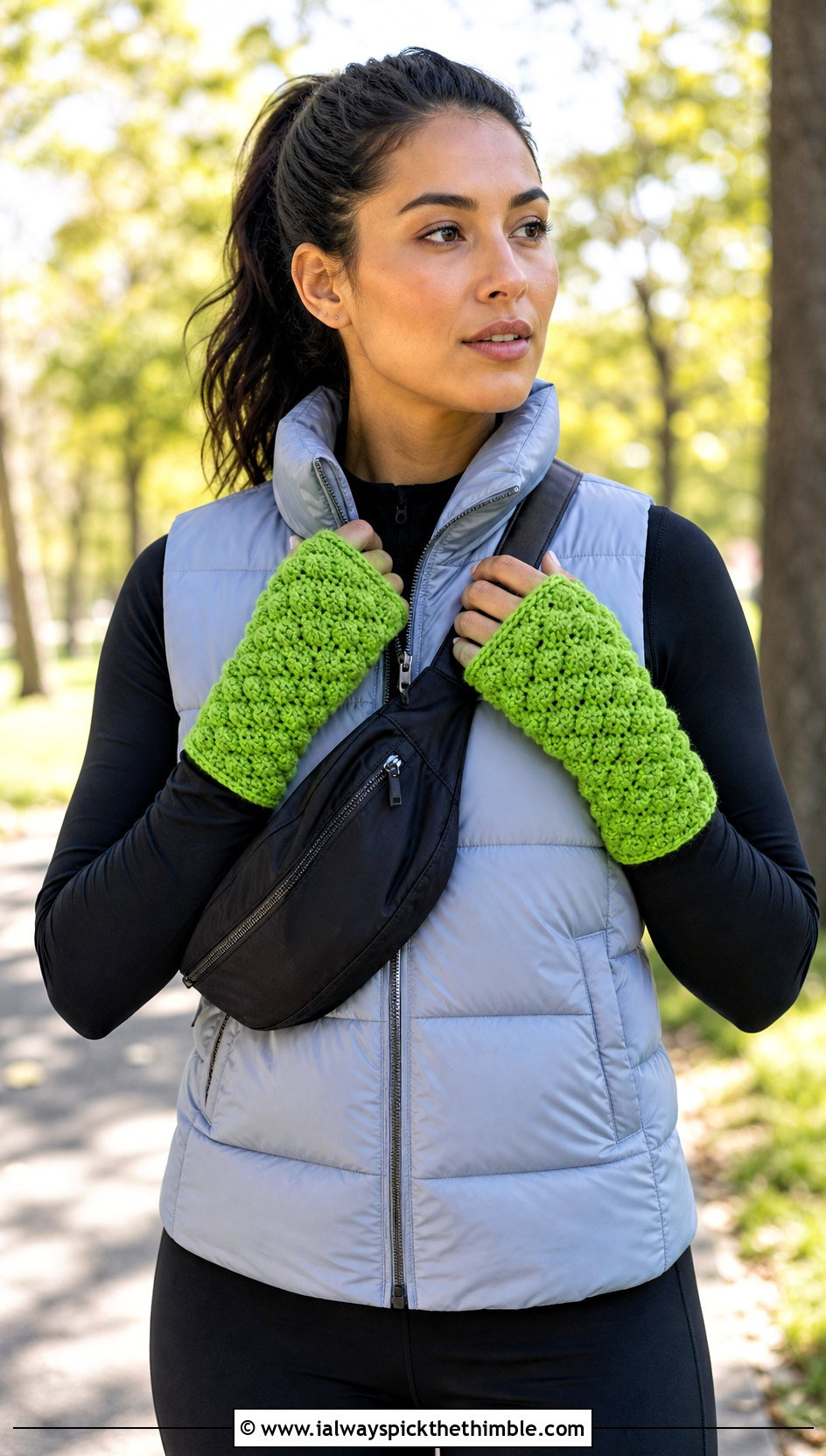 Puff Stitch Fingerless Mitts With Puffer Vest And Leggings - 20 Crochet For Fingerless Gloves outfit ideas