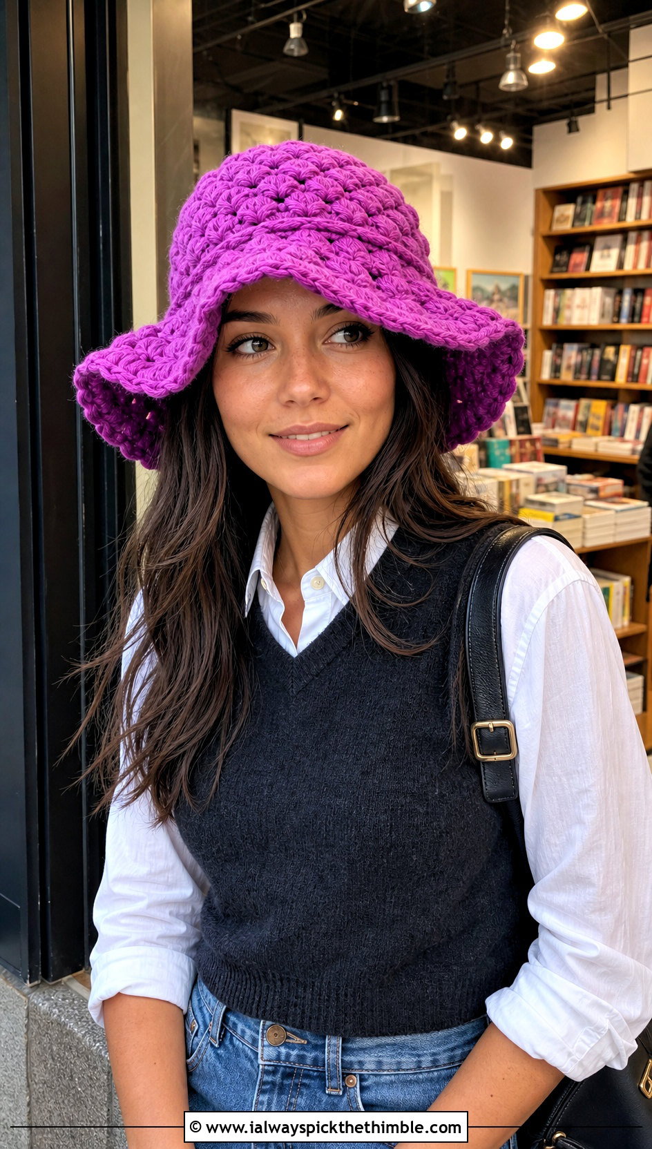 Puff Stitch Floppy Crochet Hat With Sweater Vest - 20 floppy crochet hat outfit ideas