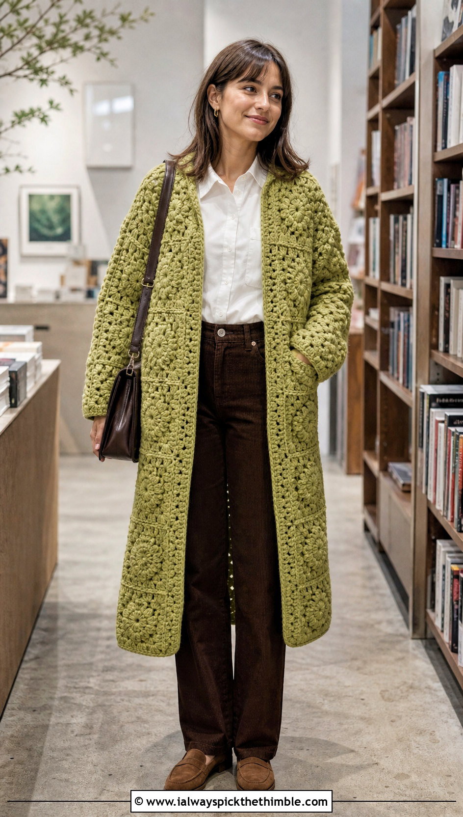 Puff Stitch Granny Square Crochet Coat With Corduroy Pants - 20 Granny Square Crochet Coat outfit ideas