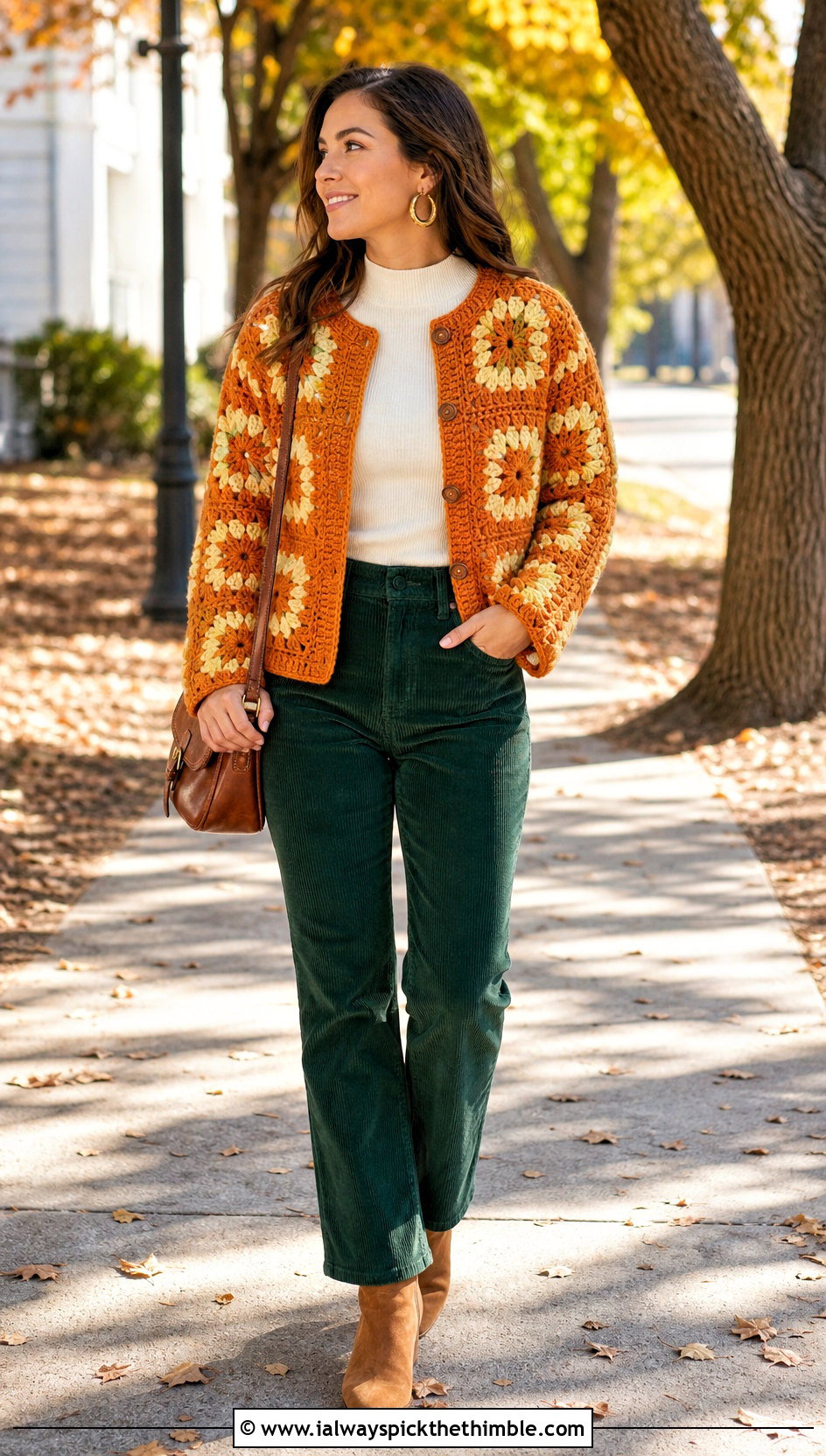 Puff Stitch Granny Square Jacket With Corduroy Pants - 25 granny square crochet cardigan jacket outfit ideas