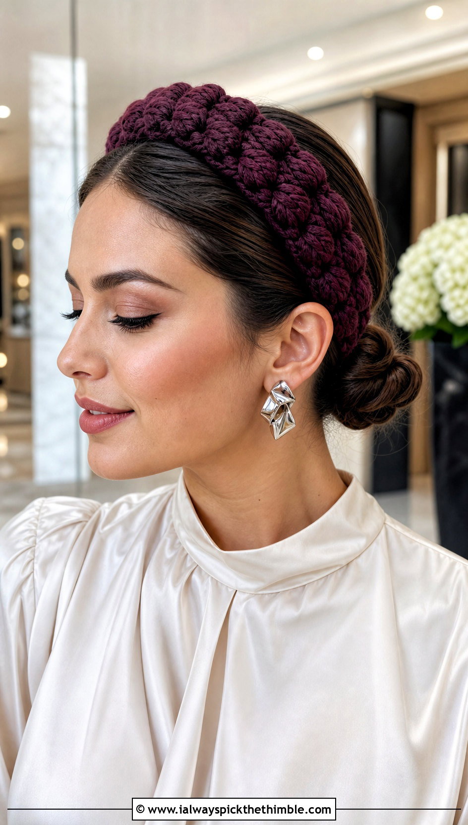 Puff Stitch Headband With Satin Blouse - 20 Easy Crocheted Headbands Ear Warmers outfit ideas