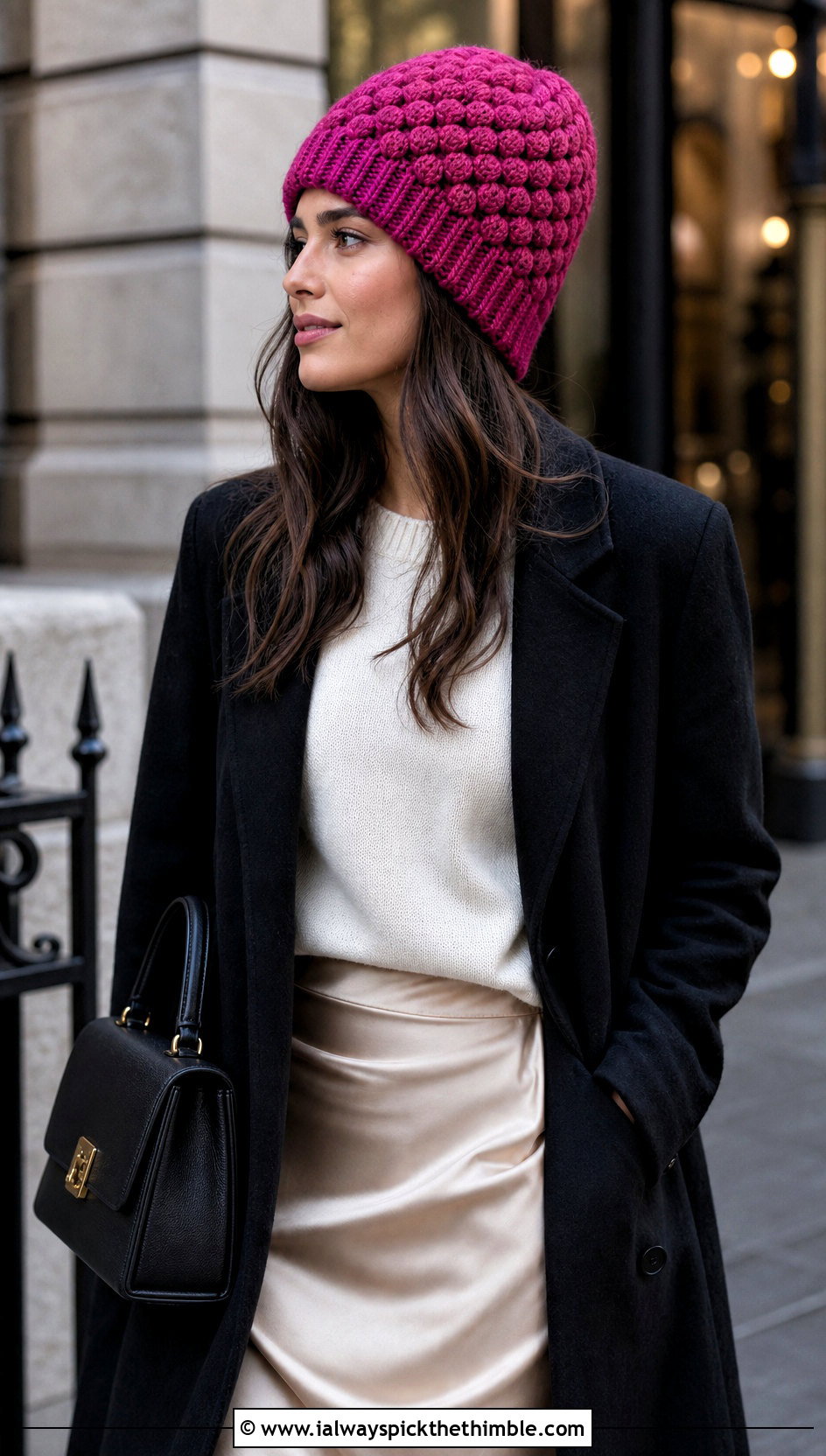 Puff Stitch Highland Crochet Beanie With Satin Skirt - 15 highland crochet beanie outfit ideas