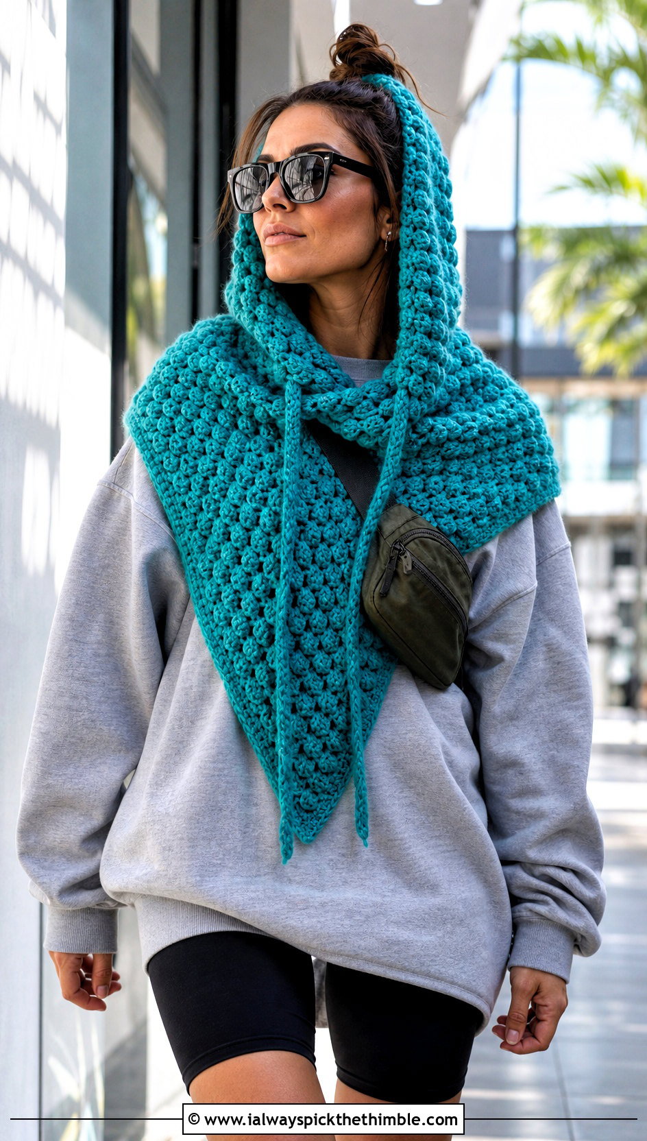 Puff Stitch Hooded Triangle Crochet Shawl With Sweatshirt And Biker Shorts - 20 Hooded Triangle Crochet Shawl outfit ideas