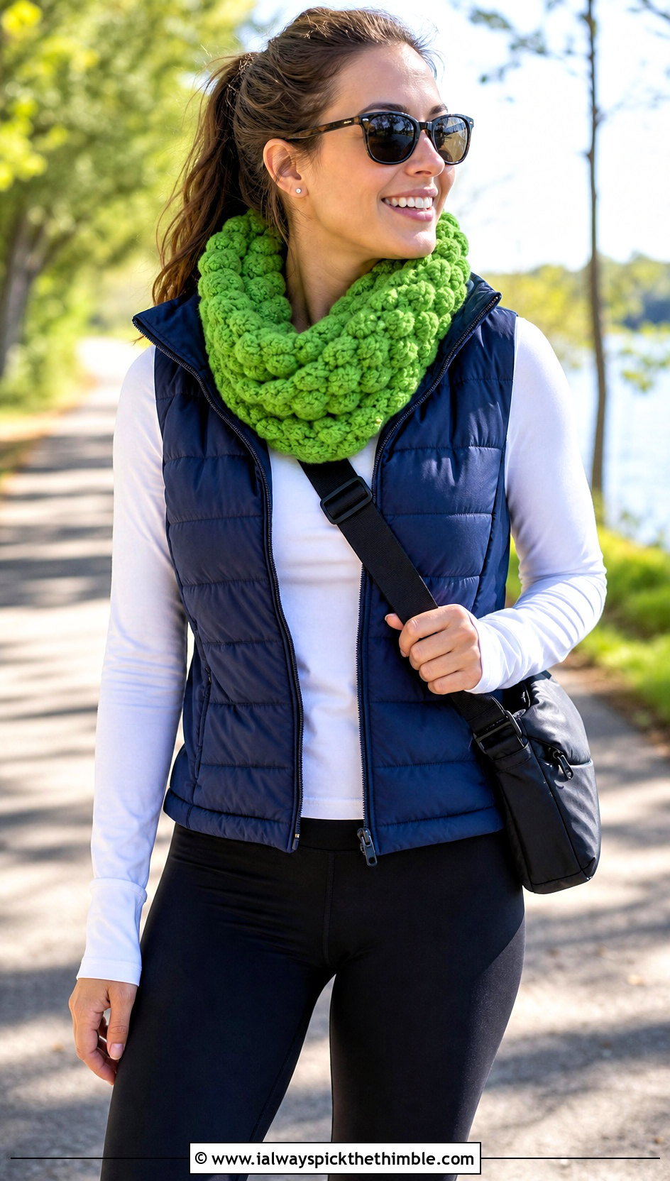 Puff Stitch Infinity Crochet Scarf With Puffer Vest - 15 Infinity Crochet Scarf outfit ideas