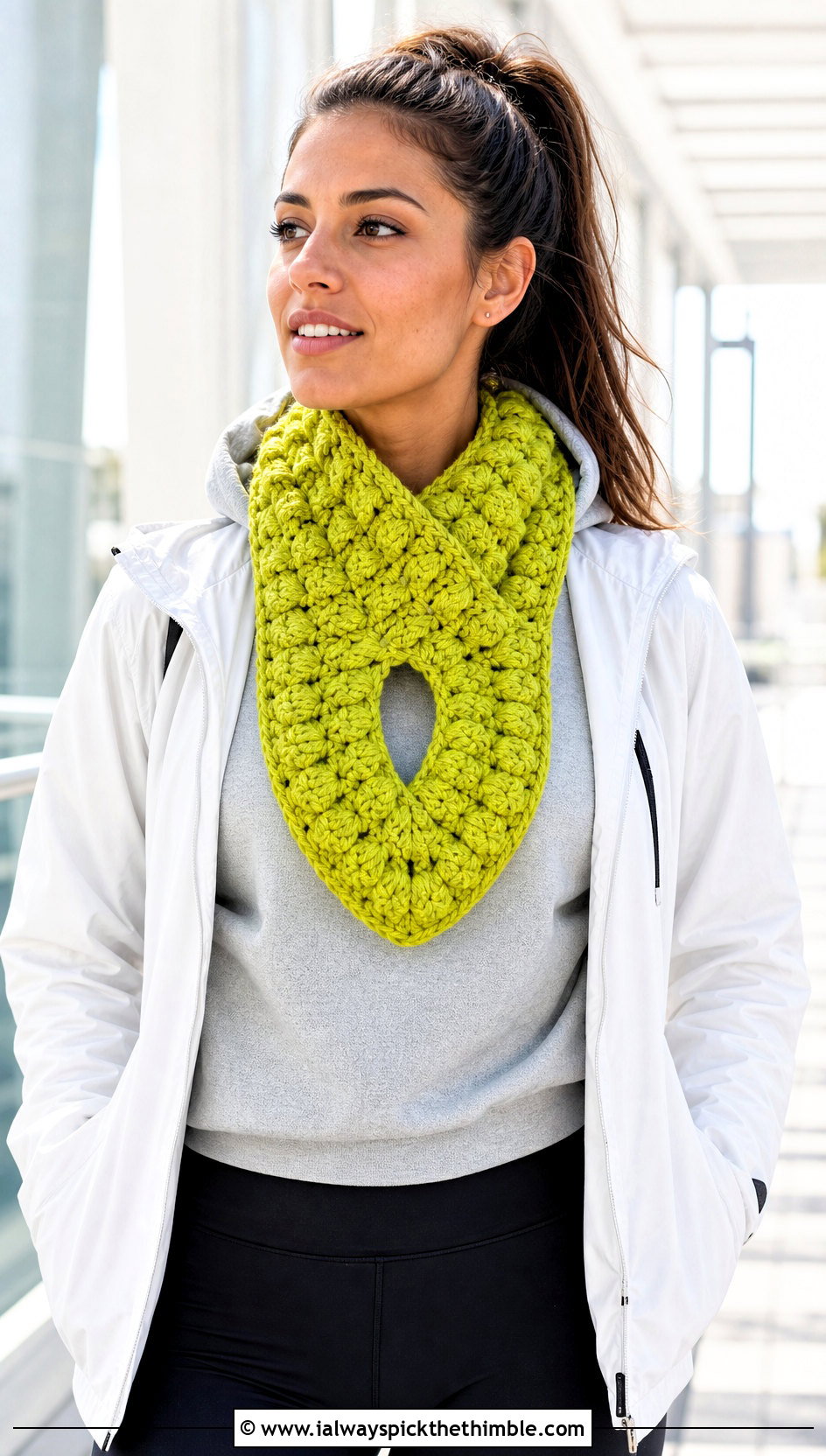 Puff Stitch Keyhole Crochet Scarf With Hoodie And Leggings - 20 Keyhole Crochet Scarf outfit ideas