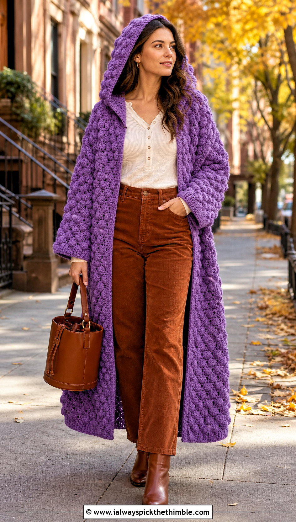 Puff Stitch Long Hooded Crochet Cape With Corduroy Pants - 20 Long Hooded Crochet Cape outfit ideas