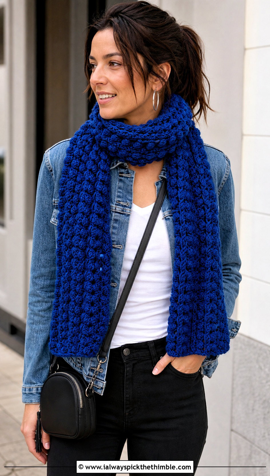 Puff Stitch Long Scarf With Denim Jacket - 15 Playful Puffs Crochet Scarf outfit ideas