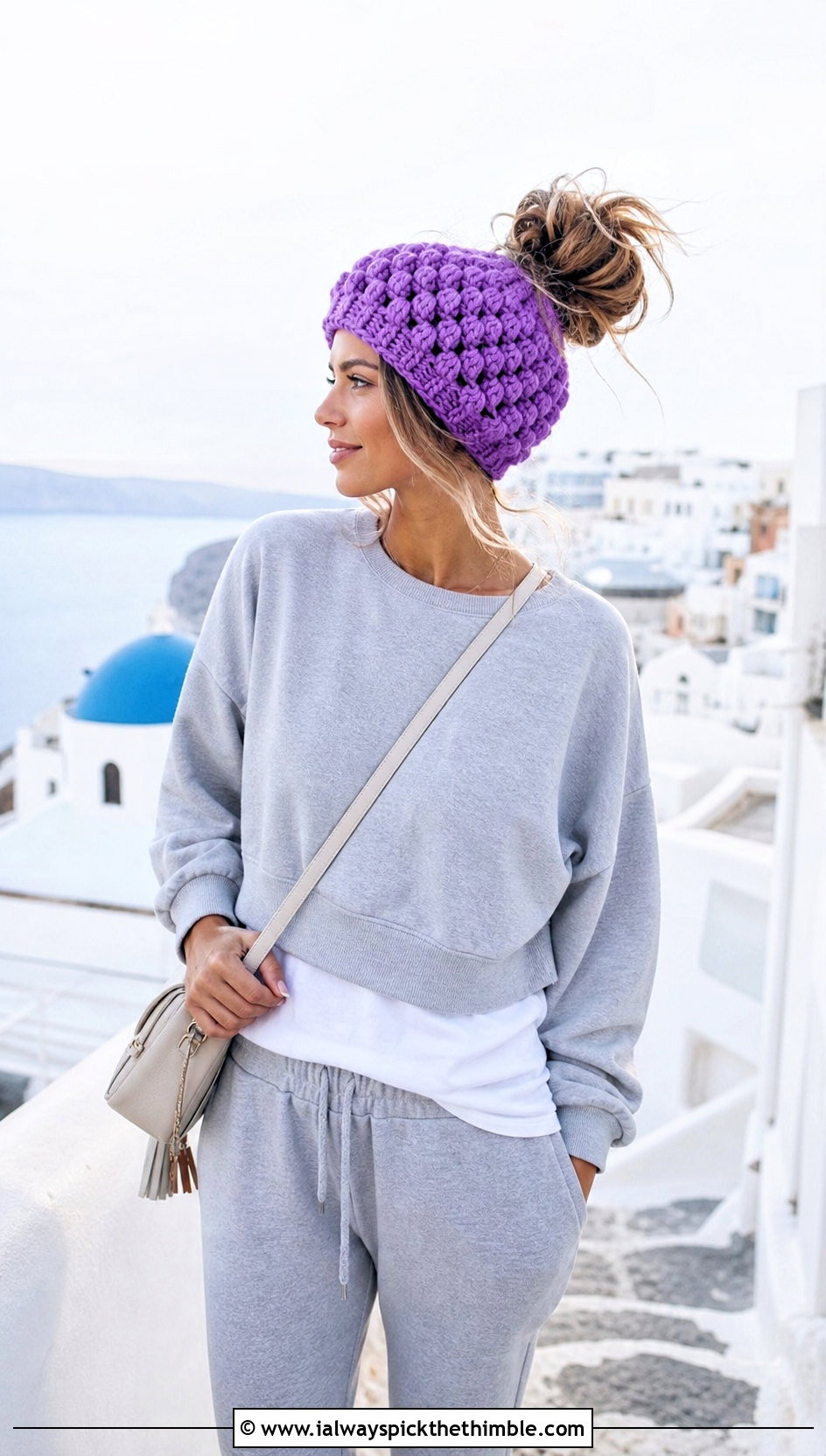 Puff Stitch Messy Bun Crochet Beanie With Matching Sweats - 20 easy messy bun crochet beanie outfit ideas