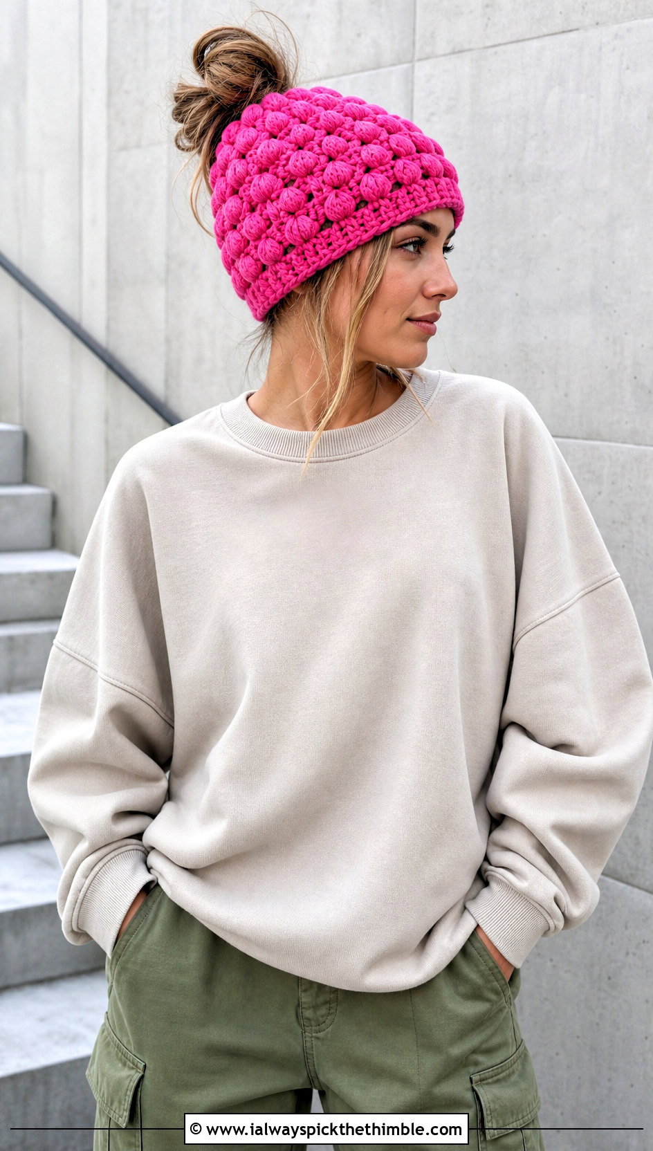 Puff Stitch Messy Bun Crochet Hat With Cargo Pants - 20 messy bun crochet hat with hair tie outfit ideas