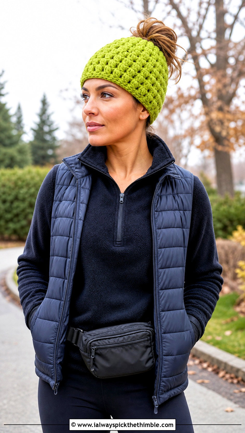 Puff Stitch Messy Bun Crochet Hat With Fleece And Leggings - 25 crochet messy bun hat outfit ideas