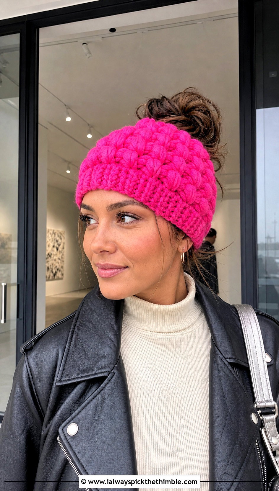 Puff Stitch Messy Bun Crochet Hat With Leather Jacket - 20 Messy Bun Crochet Hat outfit ideas