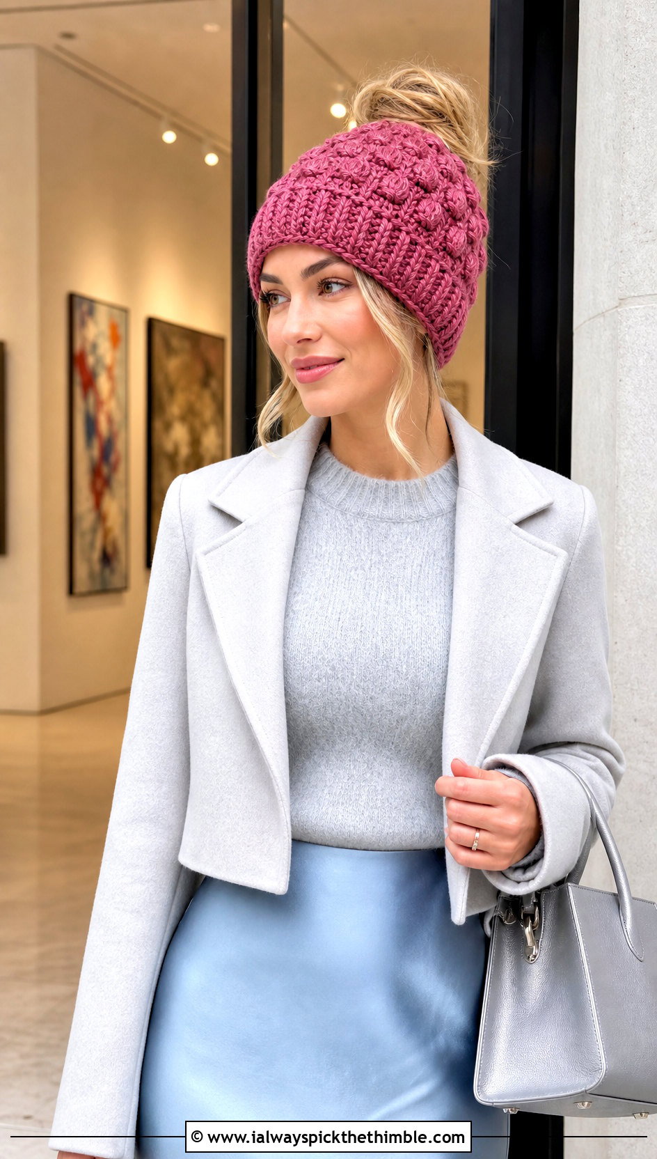 Puff Stitch Messy Bun Crochet Hat With Satin Skirt - 20 Easy Messy Bun Crochet Hat outfit ideas