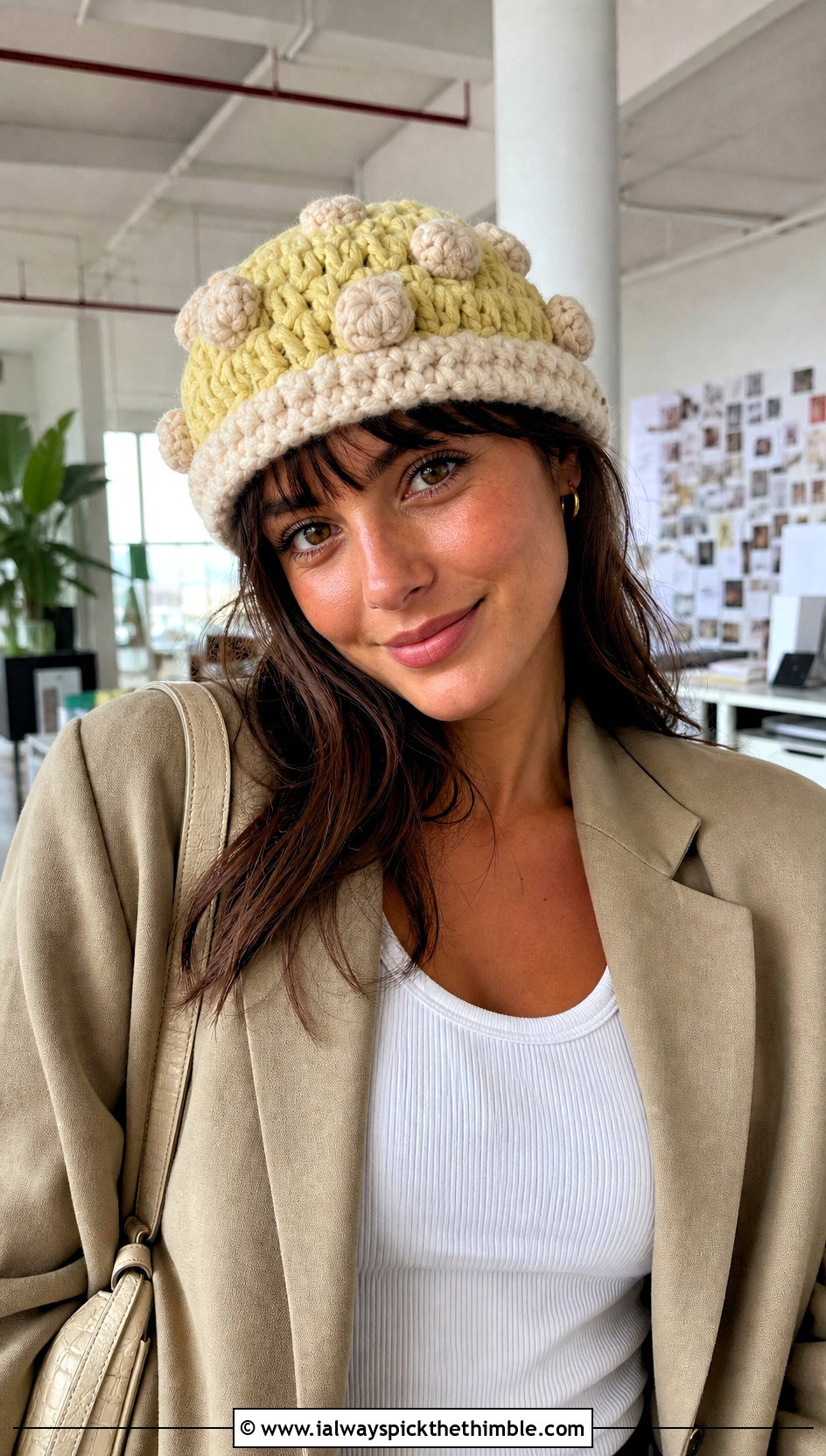Puff Stitch Mushroom Crochet Cap With Blazer And Shorts - 20 Mushroom Crochet Cap outfit ideas