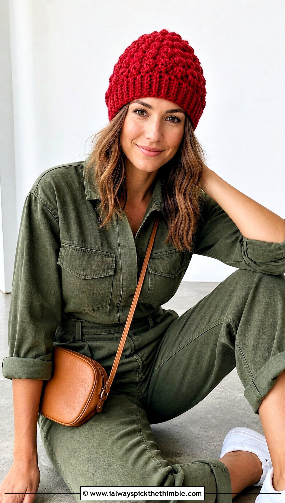 Puff Stitch One Skein Crochet Beanie With Utility Jumpsuit And Sneakers - 20 one skein crochet hat outfit ideas