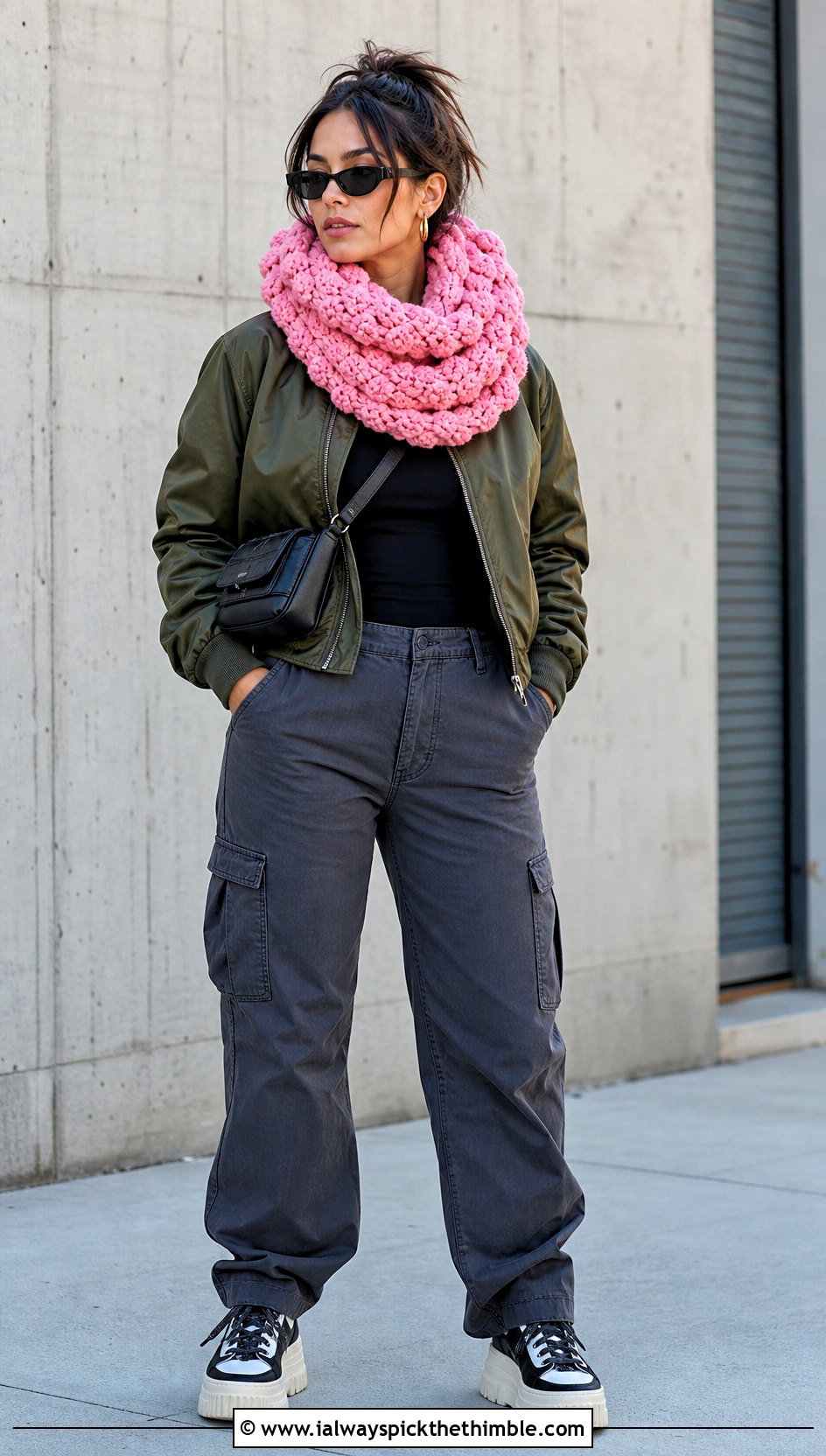 Puff Stitch One Skein Crochet Infinity Scarf With Bomber Jacket - 15 One Skein Crochet Infinity Scarf outfit ideas