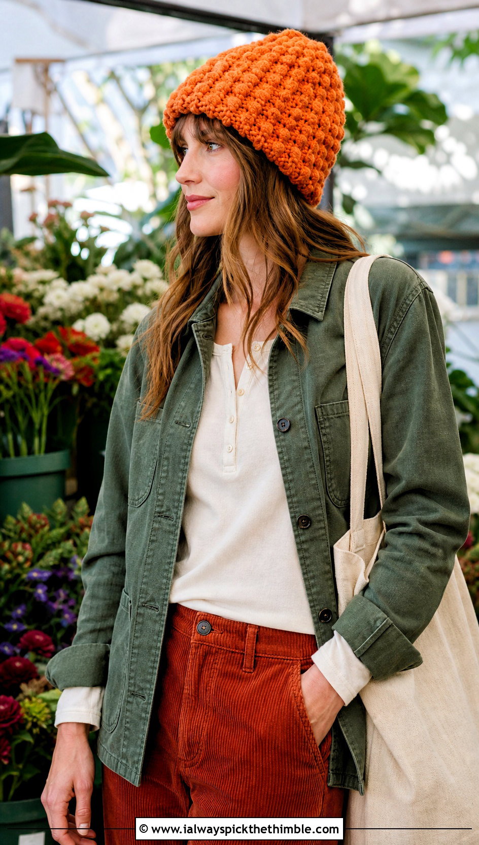 Puff Stitch Oversized Crochet Beanie With Chore Jacket And Corduroy Pants - 15 large crochet beanie outfit ideas