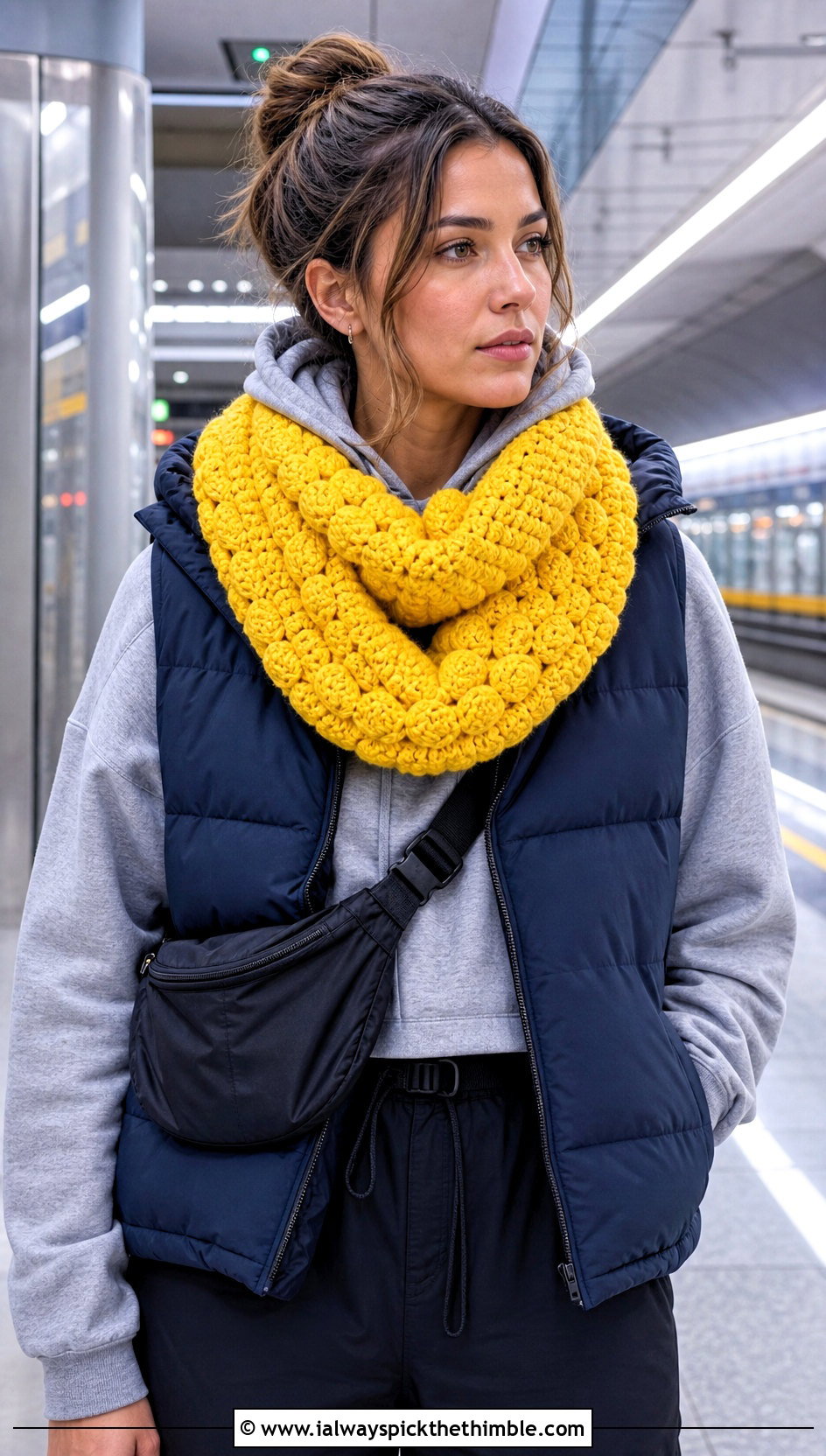 Puff Stitch Oversized Crochet Infinity Scarf With Hoodie - 15 Oversized Crochet Infinity Scarf outfit ideas
