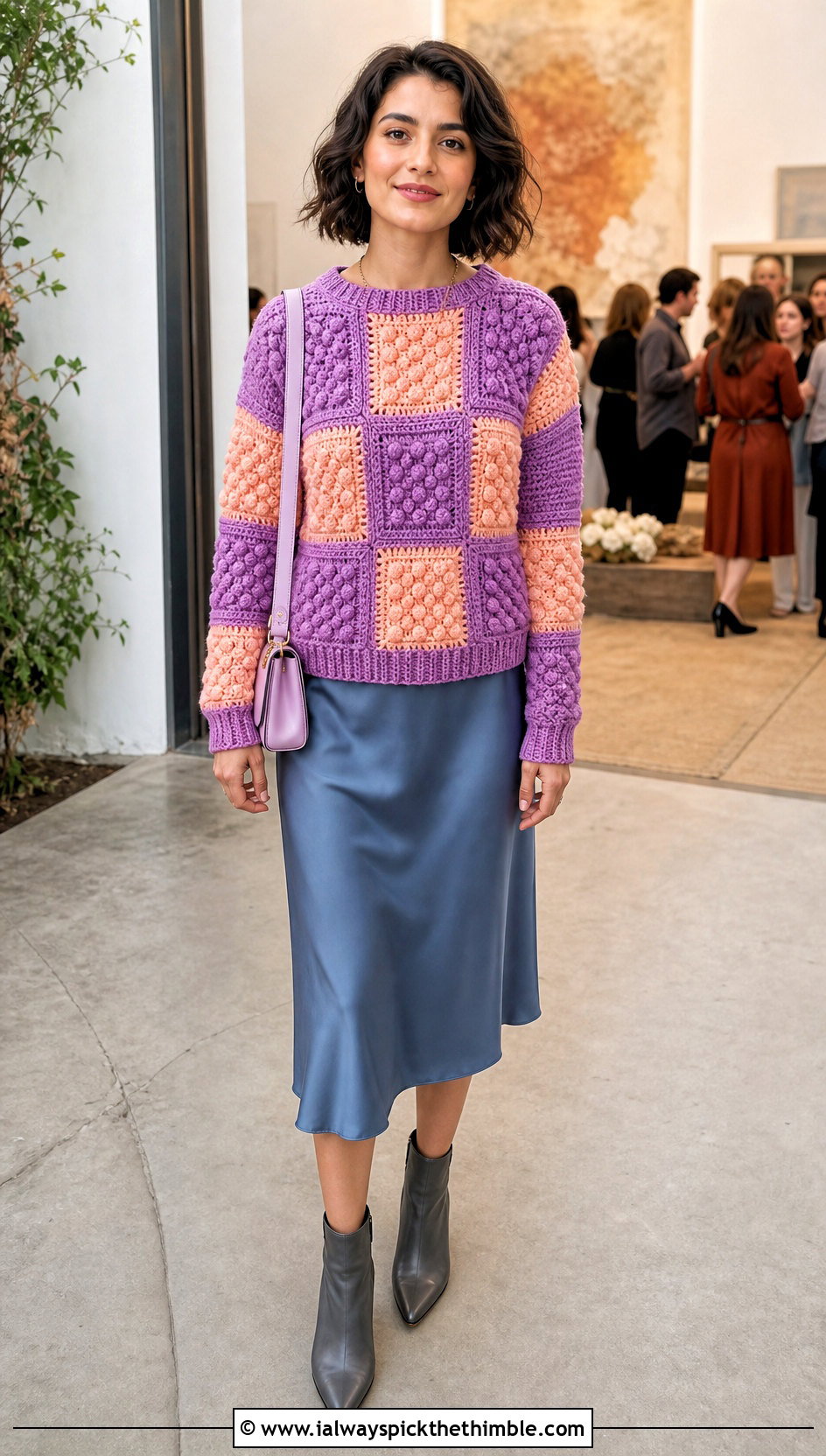 Puff Stitch Patchwork Sweater With Slip Dress - 20 crochet patchwork sweater outfit ideas