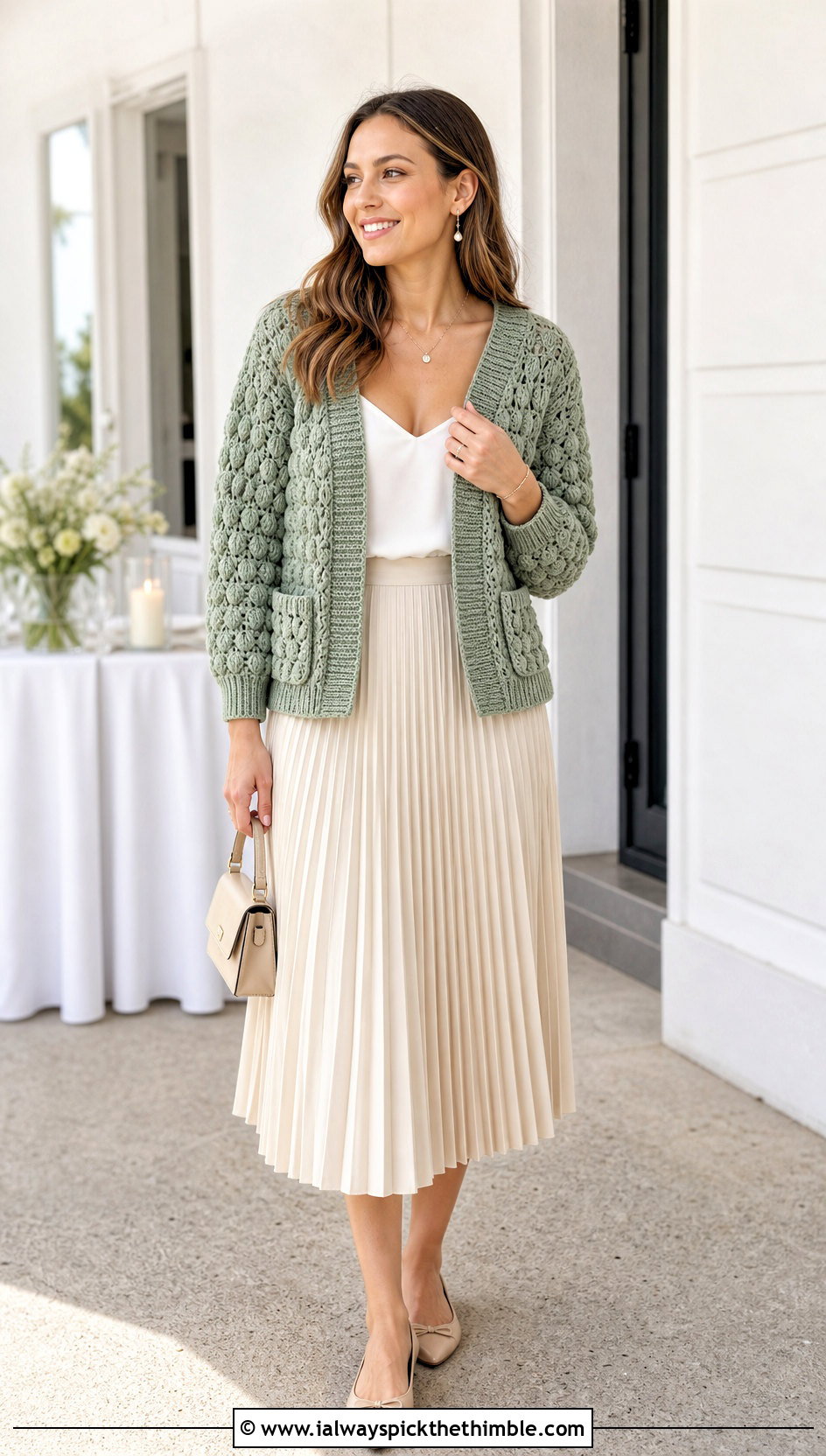 Puff Stitch Pocket Crochet Cardigan With Pleated Skirt - 25 crochet cardigan with pockets outfit ideas