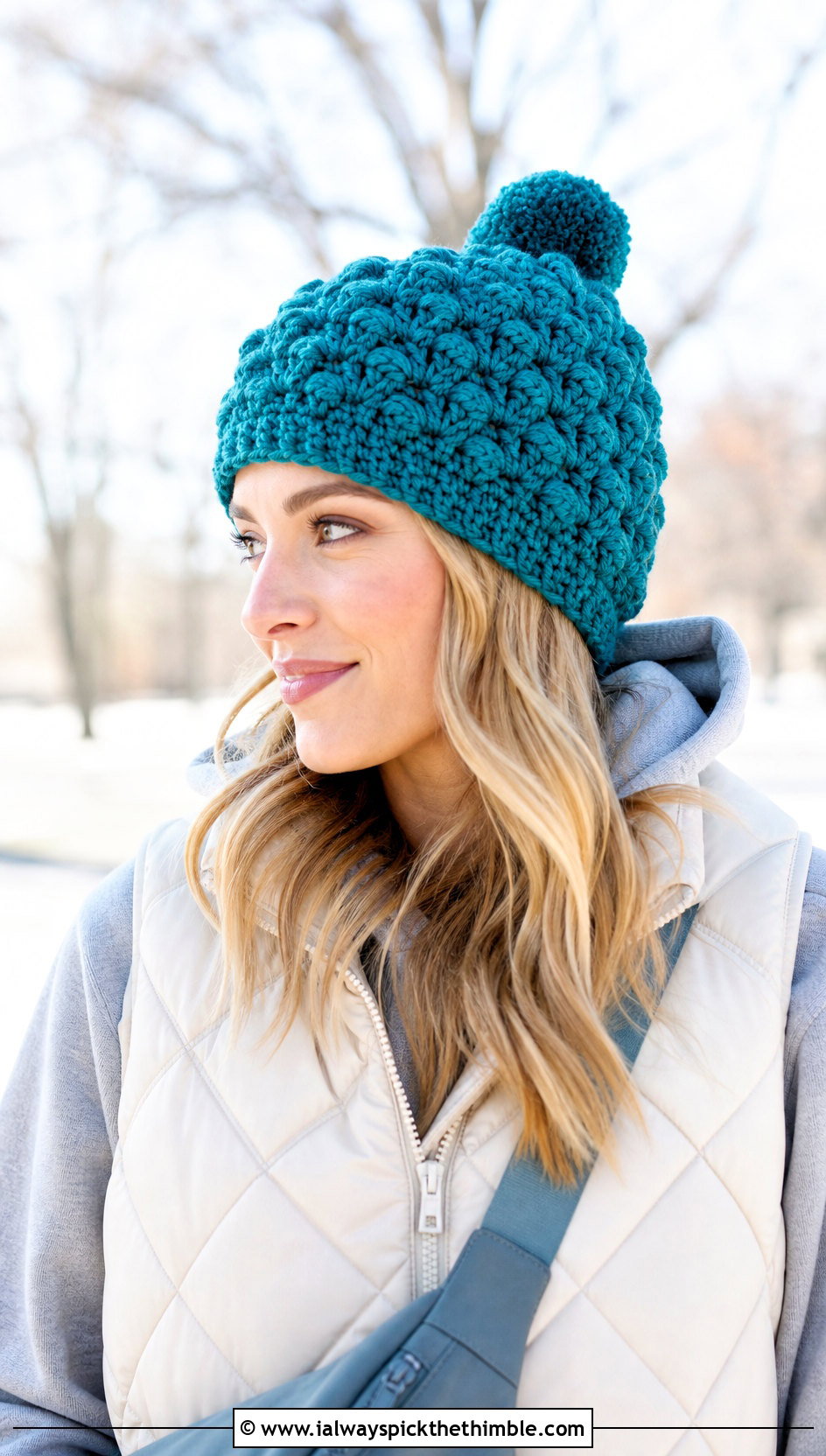 Puff Stitch Pom Pom Crochet Beanie With Puffer Vest - 15 Crochet Textured Beanie outfit ideas