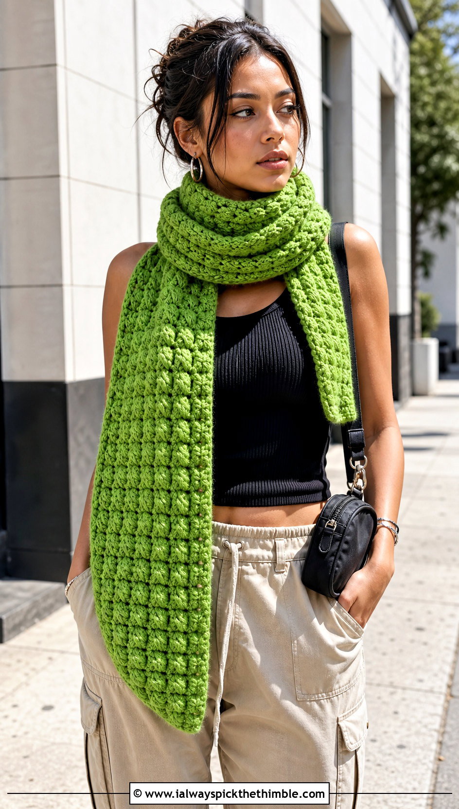 Puff Stitch Rectangle Crochet Shawl With Cargo Pants - 20 Rectangle Crochet Shawls outfit ideas