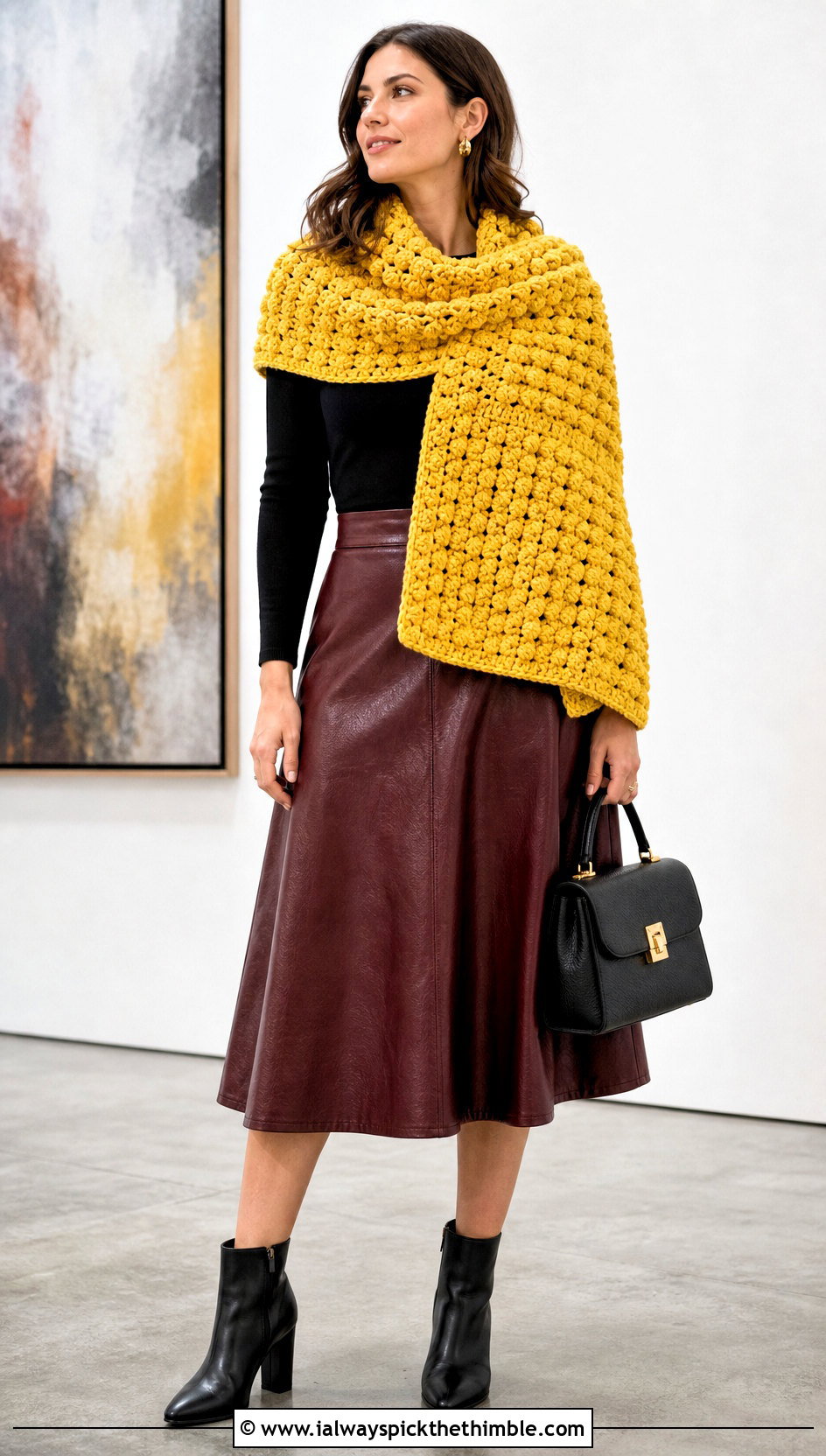 Puff Stitch Rectangular Crochet Shawl With Leather Skirt - 20 rectangular crochet shawls outfit ideas