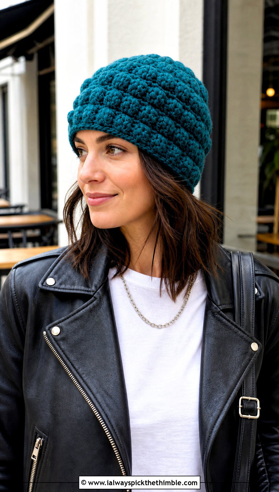 Puff Stitch Size 4 Yarn Crochet Beanie With Leather Jacket - 20 Crochet Beanie Size 4 Yarn outfit ideas