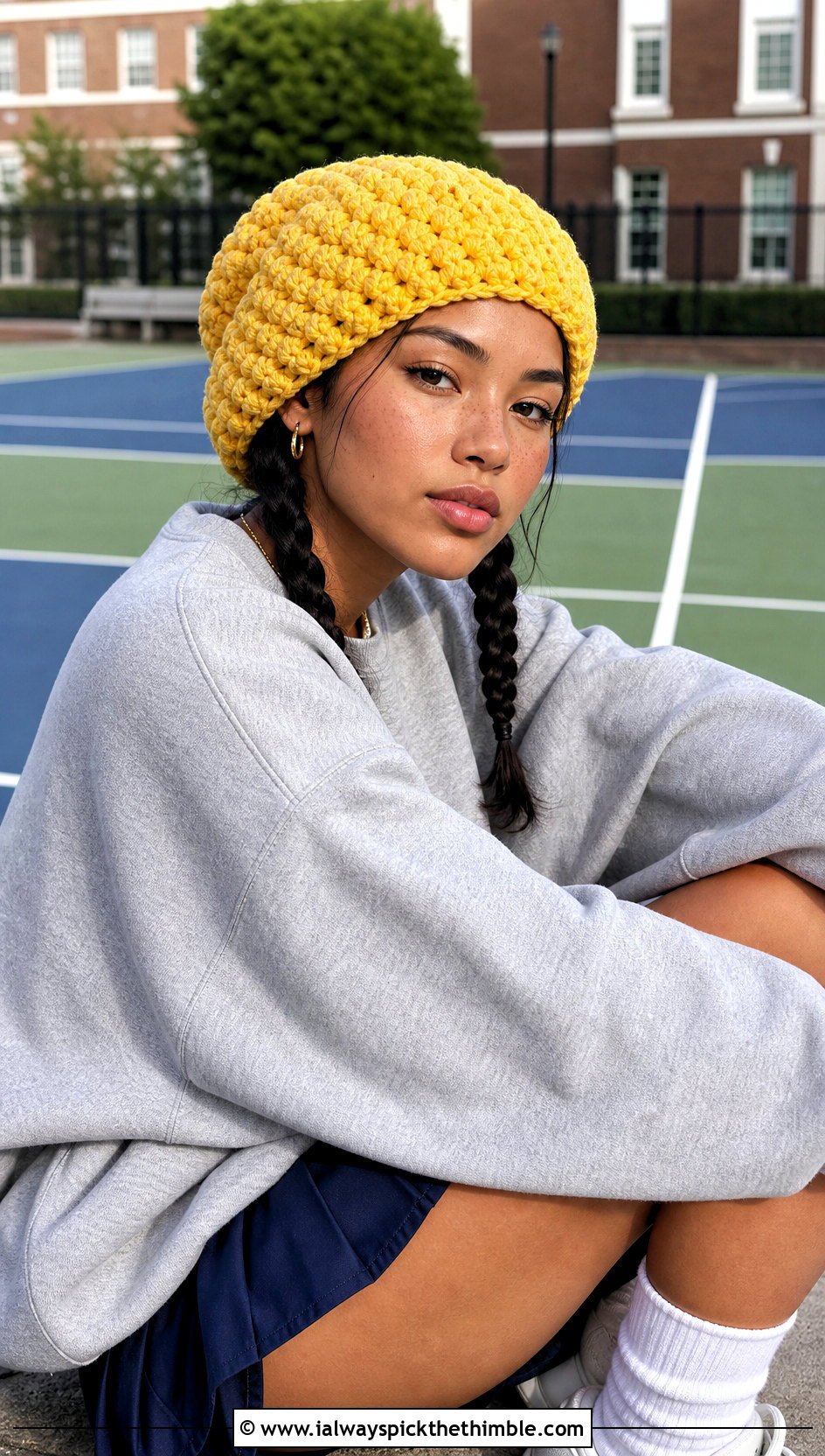 Puff Stitch Slightly Slouchy Crochet Hat With Sweatshirt And Tennis Skirt - 15 Slightly Slouchy Crochet Hat outfit ideas