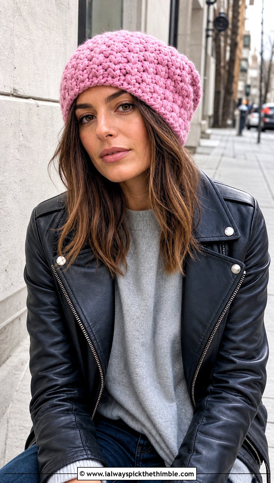 Puff Stitch Slouch Crochet Beanie With Leather Jacket - 20 slouch crochet beanie outfit ideas