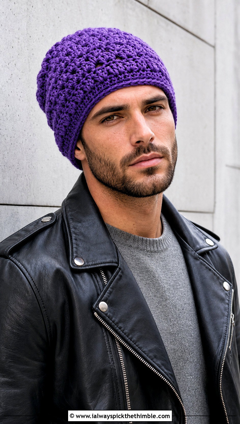 Puff Stitch Slouch Crochet Beanie With Leather Jacket - 20 Mens Slouch Crochet Beanie outfit ideas