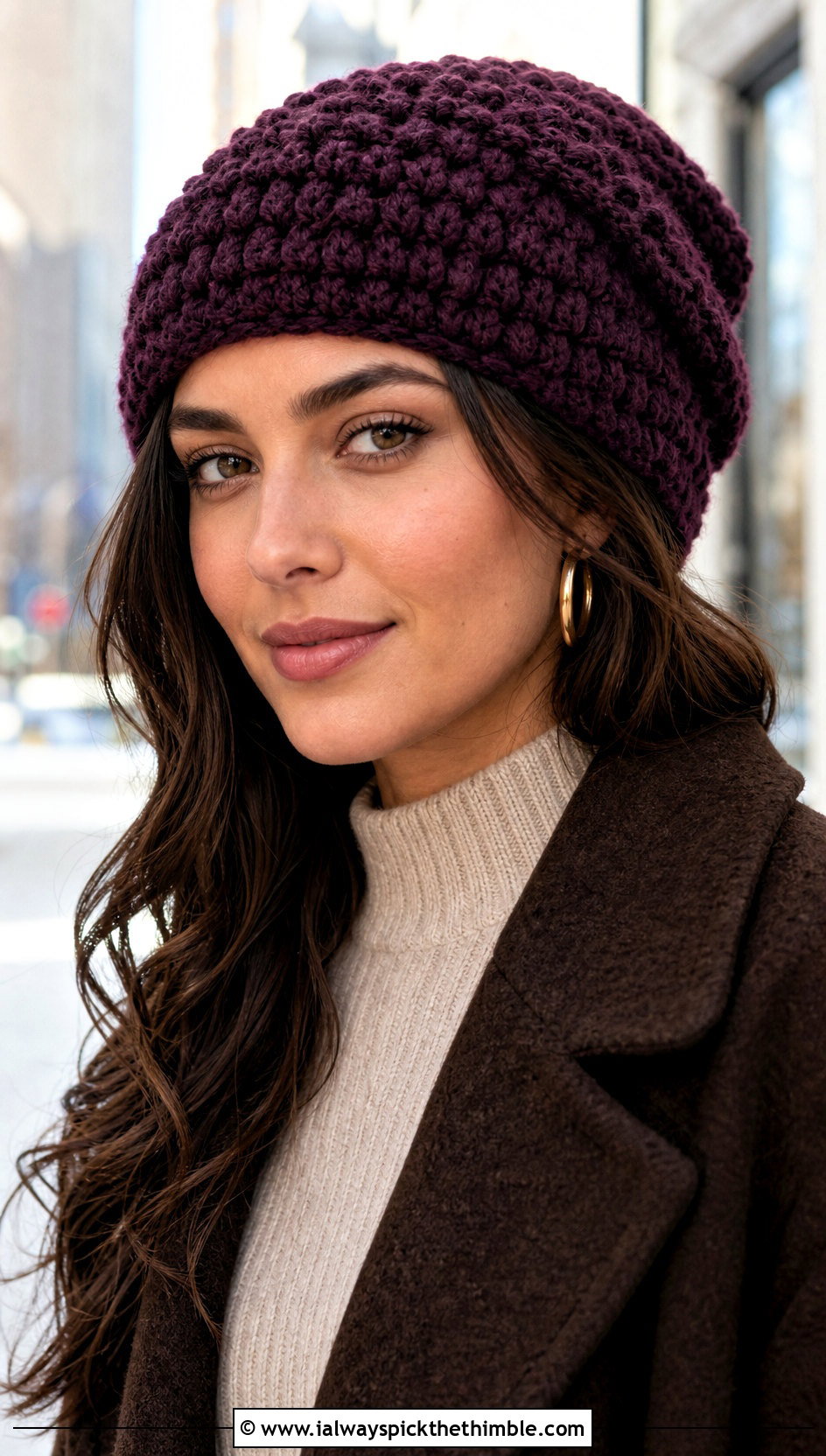 Puff Stitch Slouch Crochet Hat With Sweater Dress And Boots - 20 slouch crochet hat outfit ideas