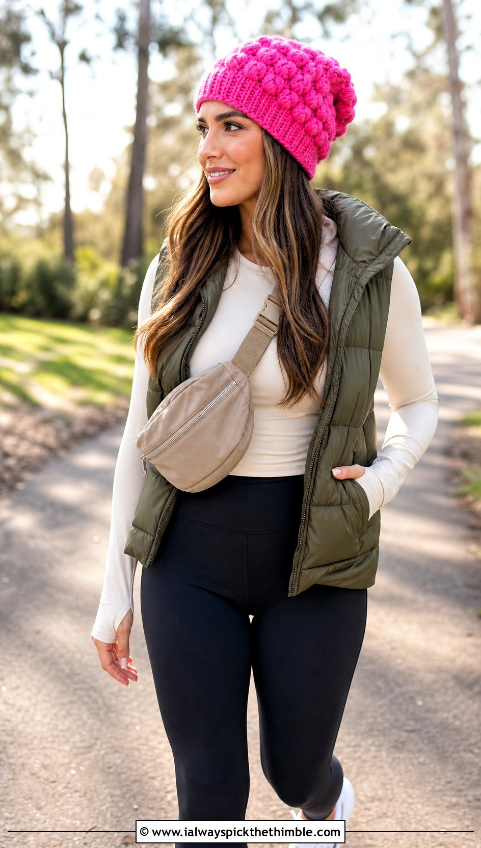 Puff Stitch Slouchy Beanie With Puffer Vest And Leggings - 25 crochet slouchy beanie outfit ideas