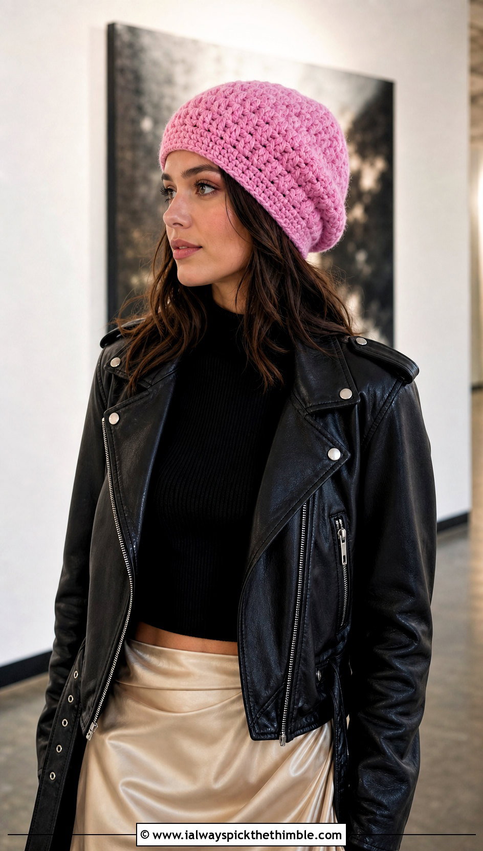 Puff Stitch Slouchy Crochet Beanie With Leather Jacket And Satin Skirt - 20 Easy Slouchy Crochet Beanie outfit ideas