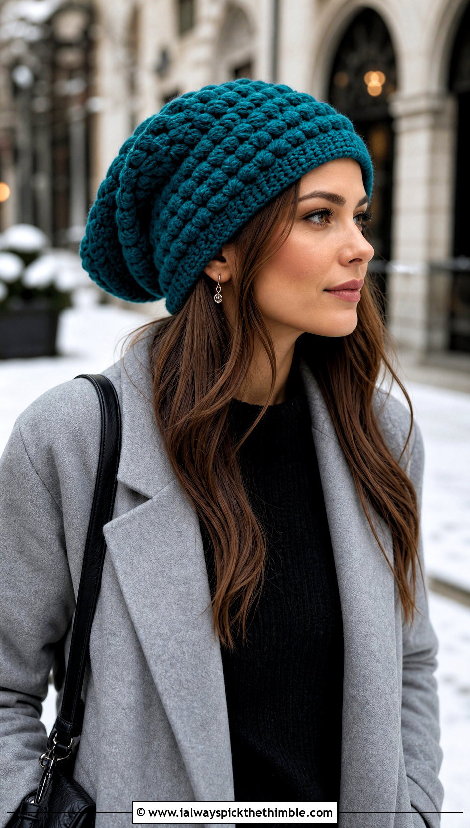 Puff Stitch Slouchy Crochet Beanie With Wool Coat - 25 slouchy crochet beanie outfit ideas