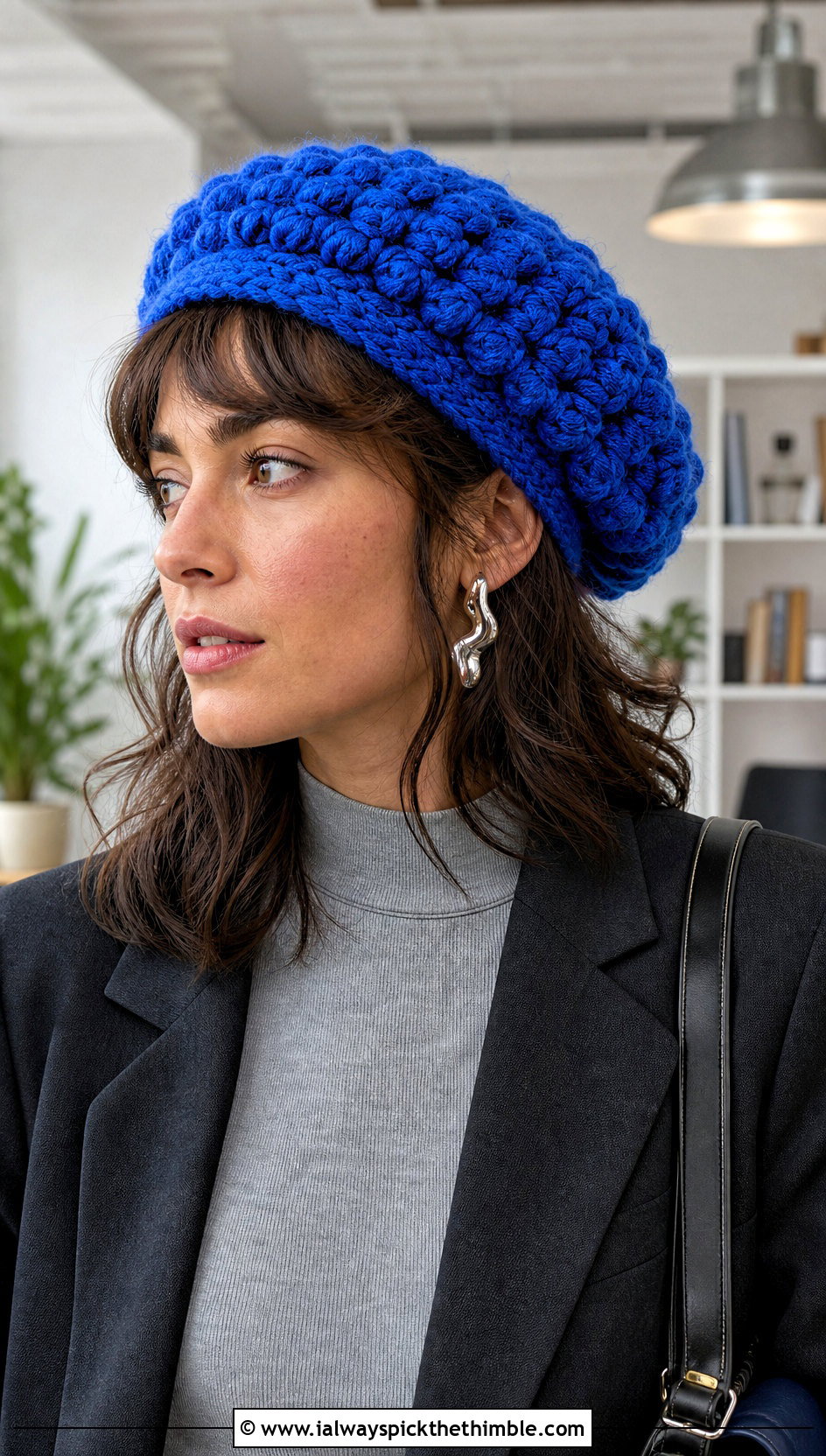 Puff Stitch Slouchy Crochet Beret With Tailored Trousers - 20 Slouchy Crochet Beret outfit ideas