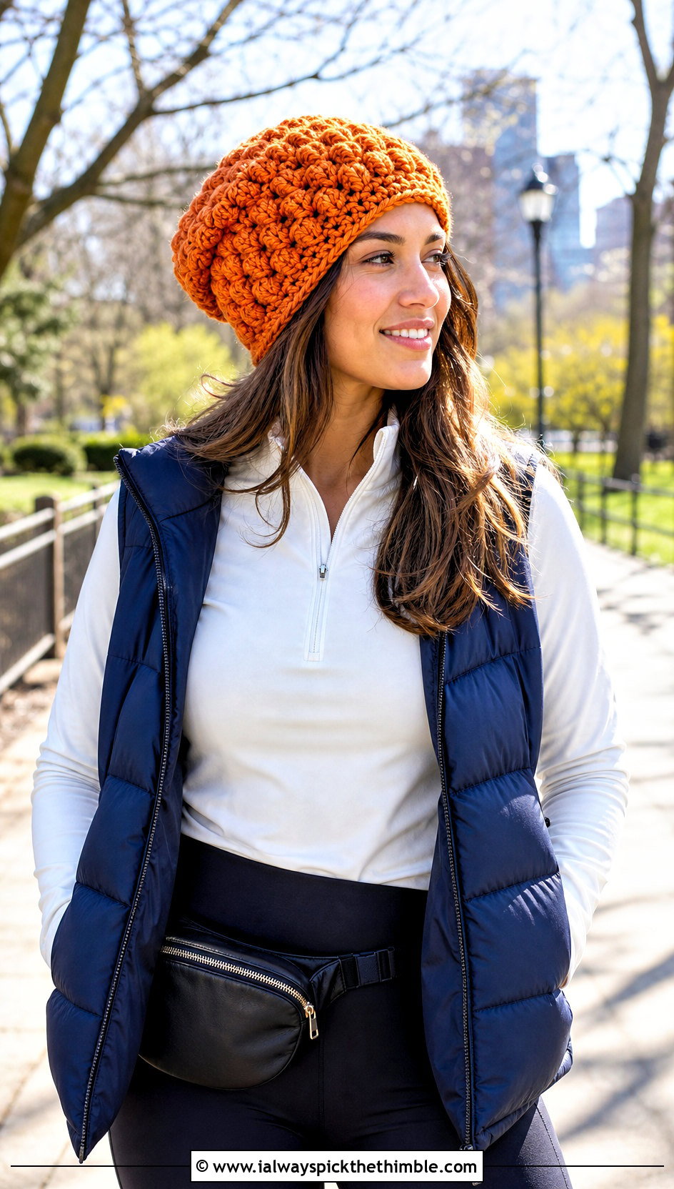 Puff Stitch Slouchy Crochet Hat With Puffer Vest And Leggings - 15 Slouchy Crochet Hat outfit ideas