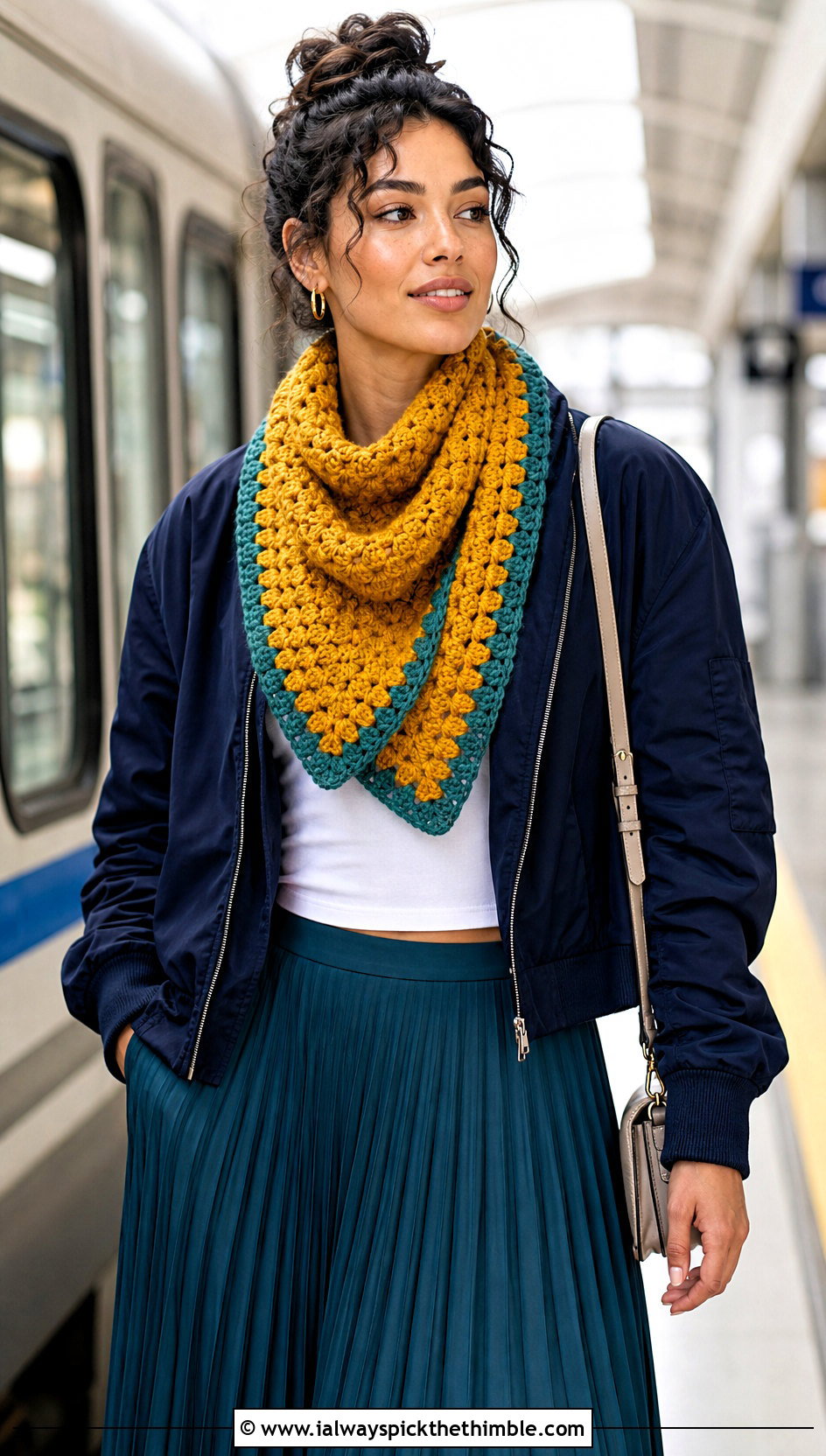 Puff Stitch Square Scarf With Bomber Jacket And Pleated Skirt - 20 crochet scarf squares outfit ideas