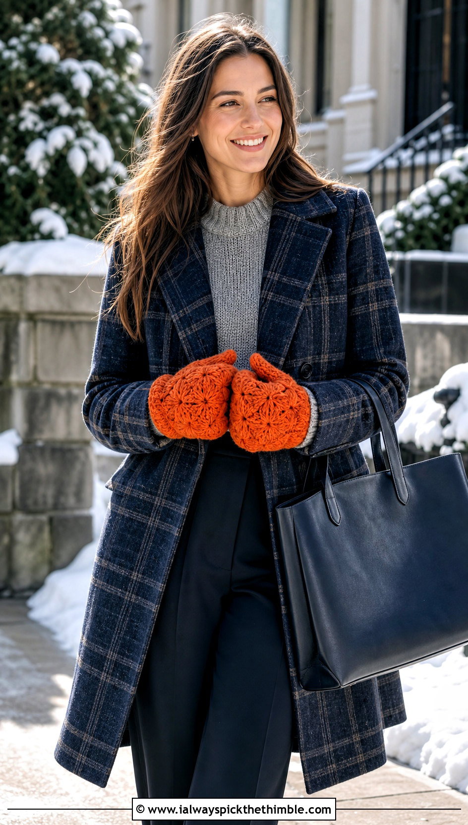 Puff Stitch Star Gloves With Plaid Coat - 25 crochet star gloves outfit ideas