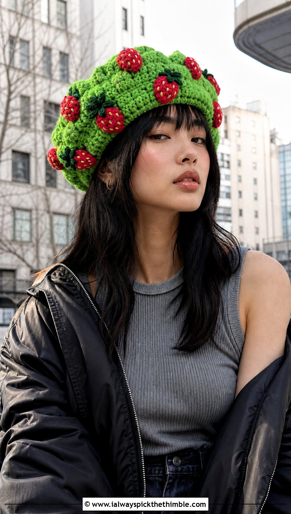 Puff Stitch Strawberry Crochet Beret With Cargo Pants - 20 strawberry crochet beret outfit ideas