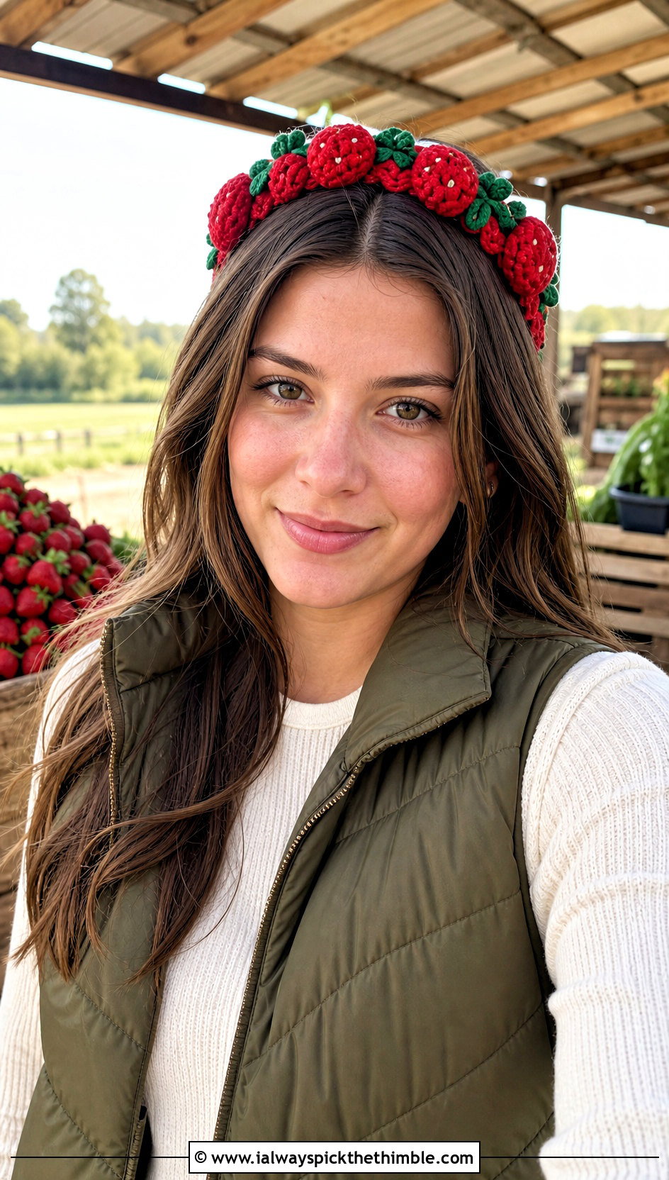 Puff Stitch Strawberry Headband With Puffer Vest - 25 Crochet Strawberry Headband outfit ideas