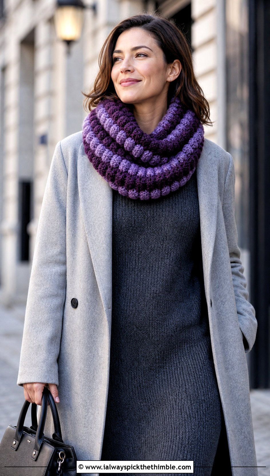 Puff Stitch Striped Crochet Infinity Scarf With Sweater Dress - 15 Striped Crochet Infinity Scarf outfit ideas