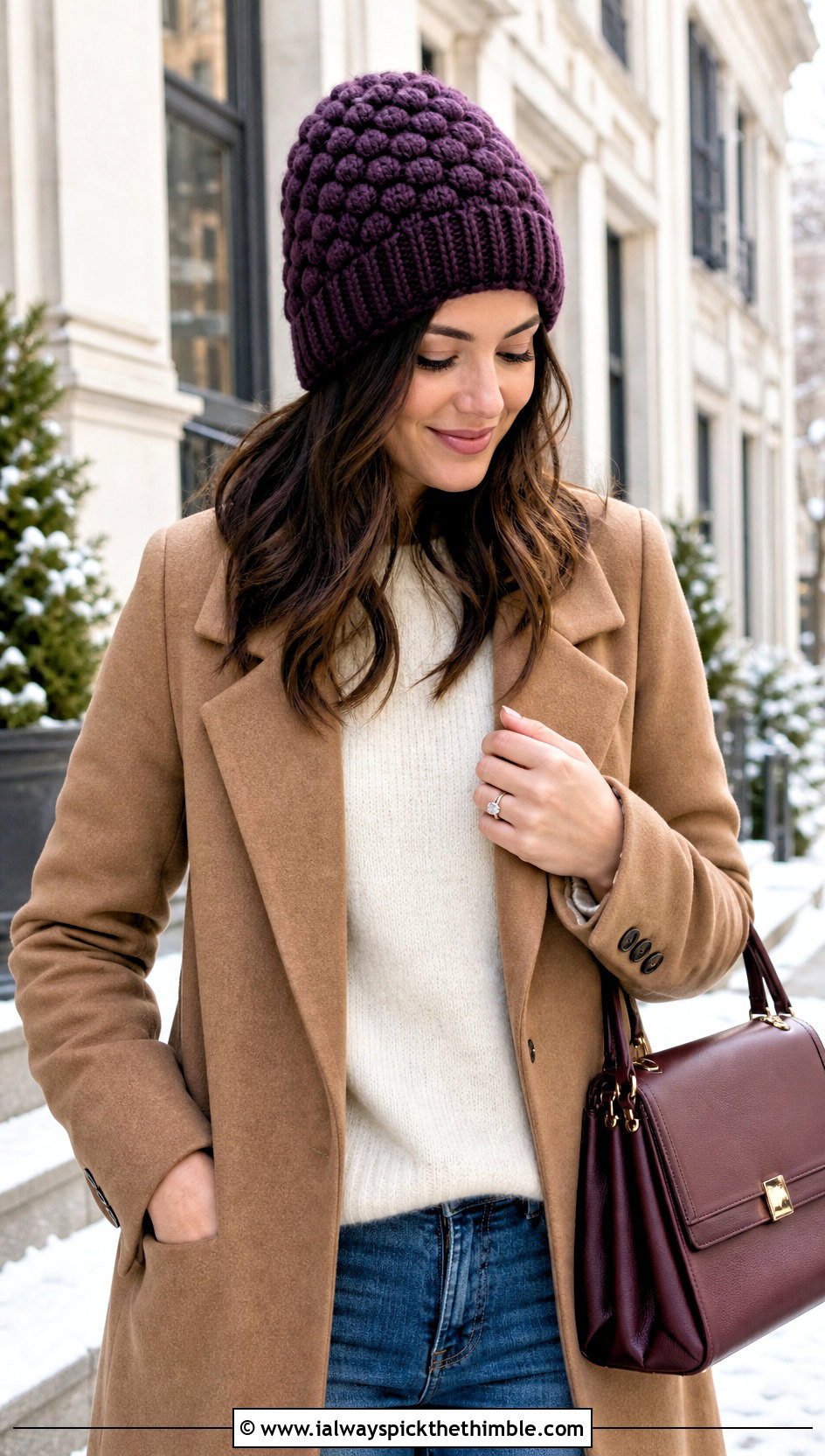 Puff Stitch Top Down Crochet Beanie With Wool Coat And Straight Jeans - 25 top down crochet beanie outfit ideas