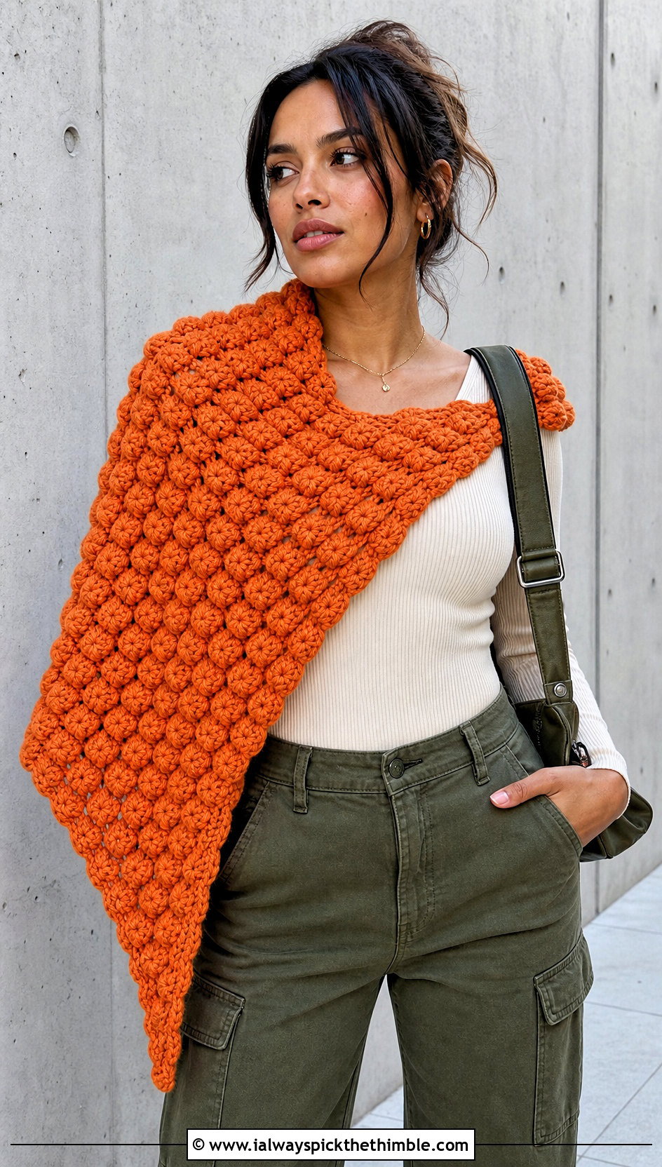 Puff Stitch Triangle Crochet Shawl With Cargo Pants - 20 triangle crochet shawls outfit ideas