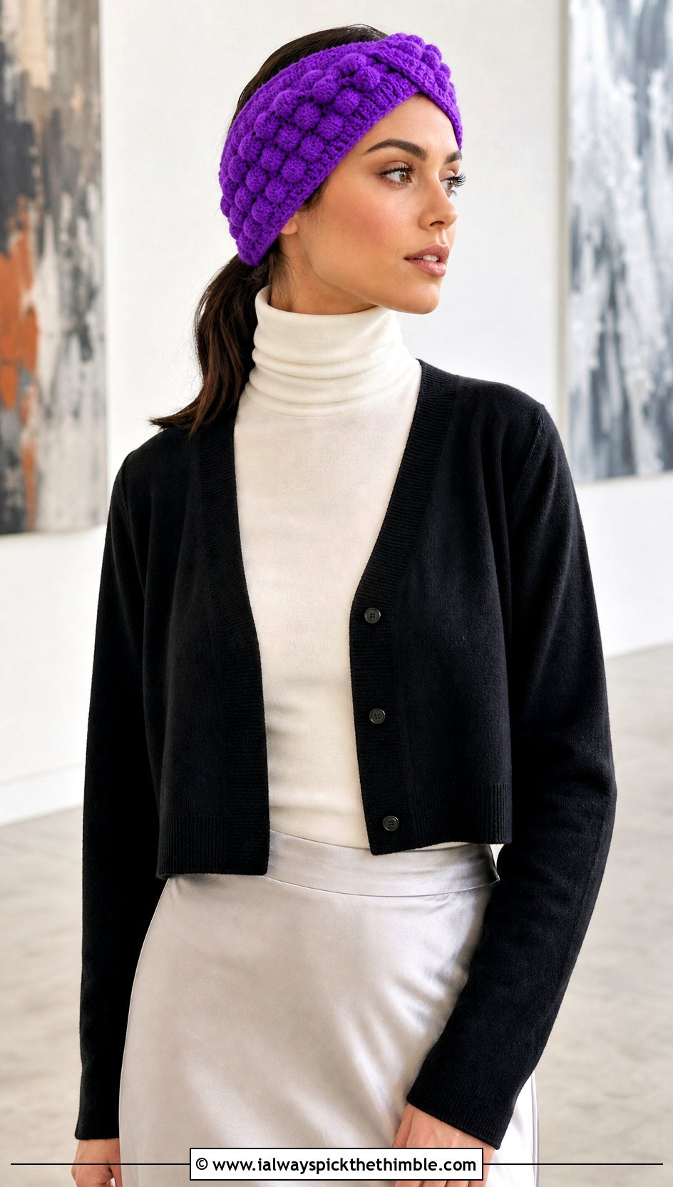 Puff Stitch Twist Ear Warmer With Satin Skirt - 20 Crochet Twist Ear Warmer outfit ideas