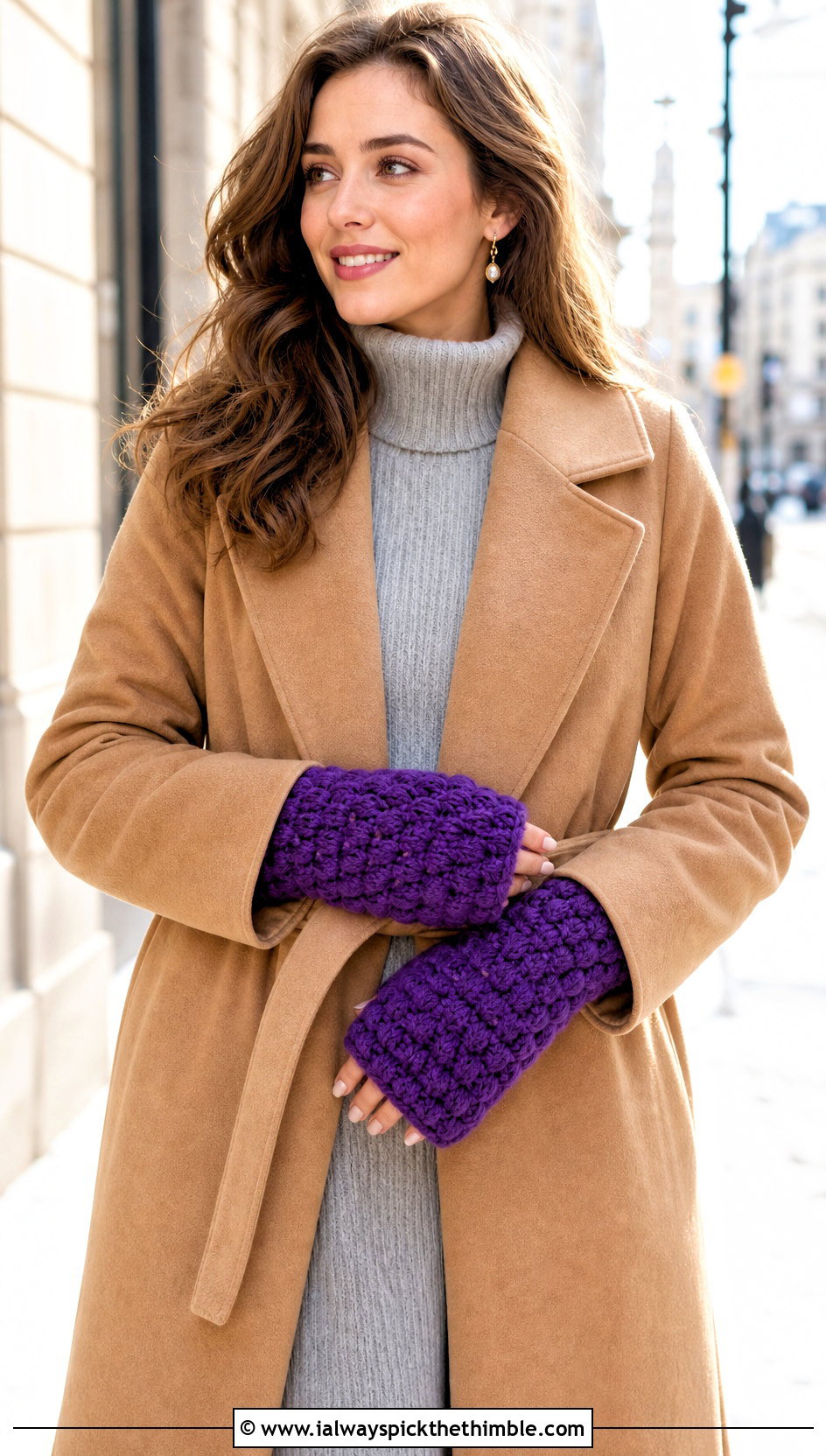 Puff Stitch Wrist Warmers With Sweater Dress - 20 crochet glove outfit ideas