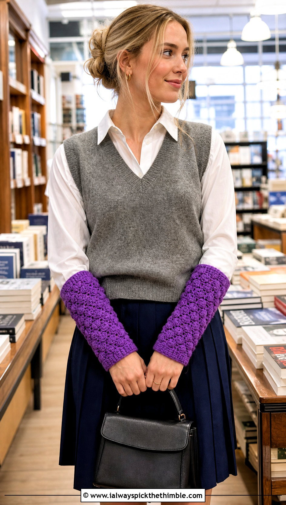 Puff Stitch Wrist Warmers With Sweater Vest - 20 finger less crochet gloves outfit ideas