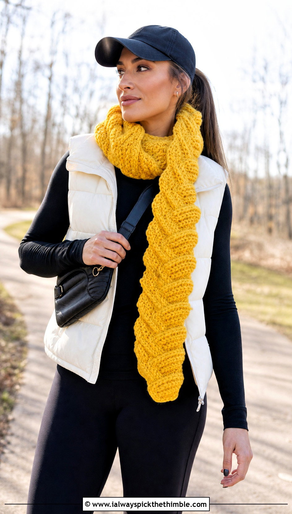 Puffed Wave Crochet Scarf With Puffer Vest and Leggings - 20 wavy crochet scarf outfit ideas