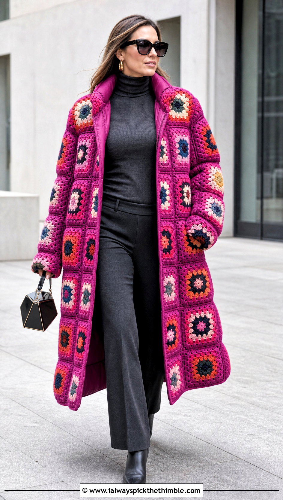 Puffer Duster Granny Square Jacket With Monochrome Basics - 15 granny square puffer jacket outfit ideas