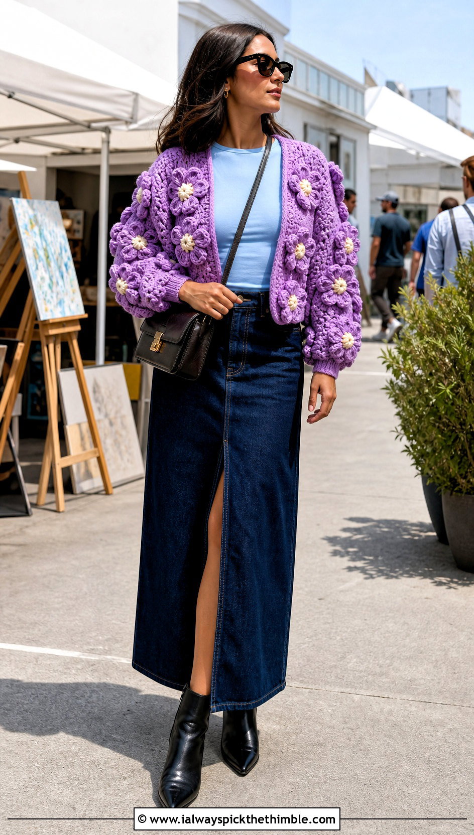 Puffy Flower Crochet Cardigan With Denim Maxi Skirt - 20 puffy crochet cardigan outfit ideas