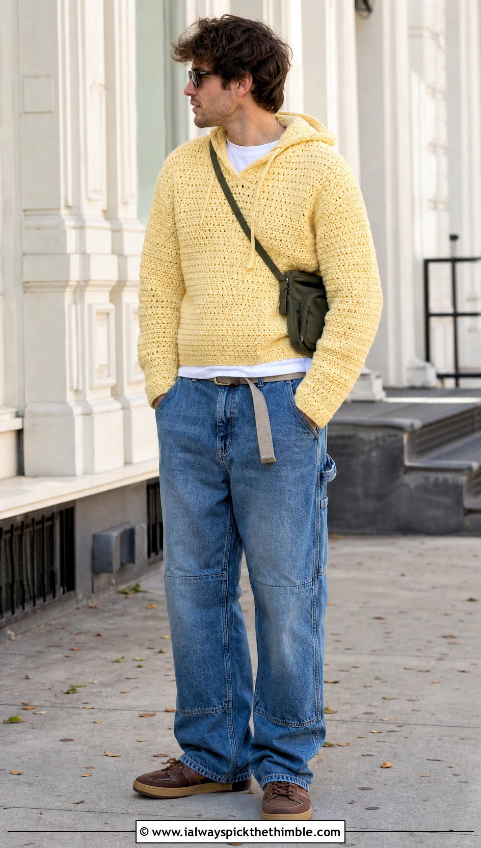 Pullover Crochet Hoodie With Carpenter Jeans - 25 crochet hoodie for men outfit ideas
